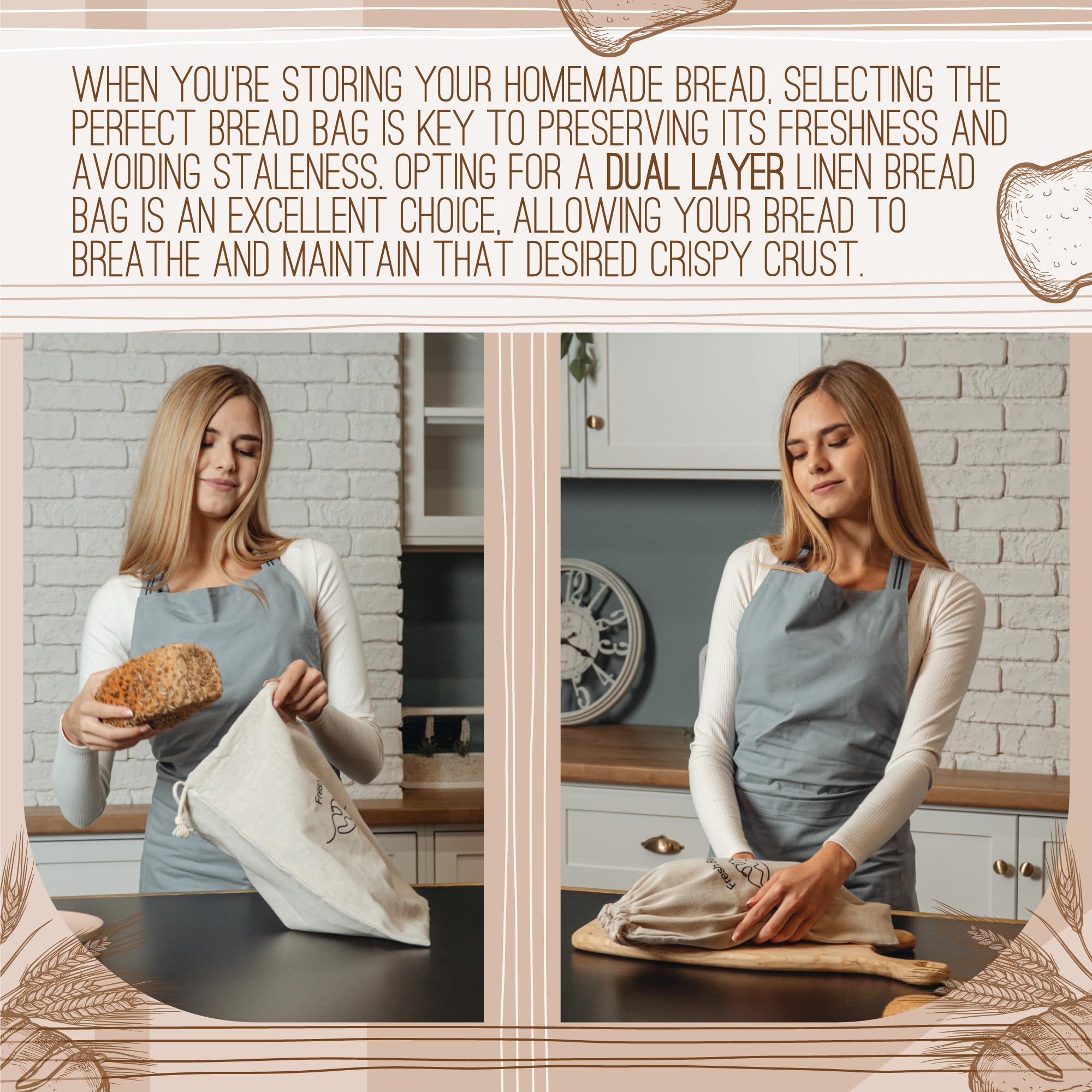 Simply H&K Linen Bread Bags [Pack Of 3] With Inner Lining - Keeps Homemade Bread Fresh & Secure - Perfect For Sourdough & Gift G