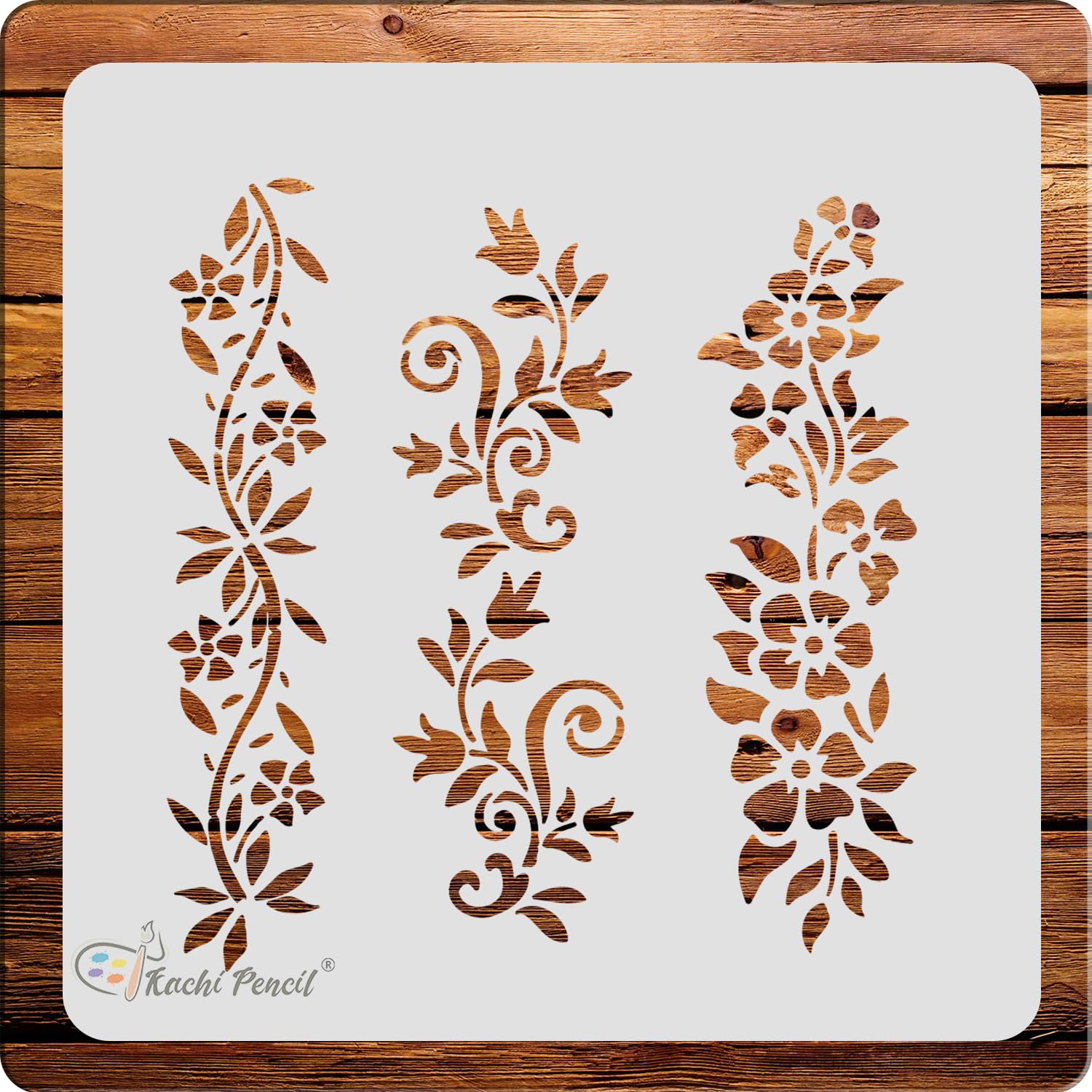 Kachi Pencil Floral Border Design Set Of 3 Stencils For Art And Craft, Size 6 X 6 Inch Reusable For Painting On Fabric, Glass, A