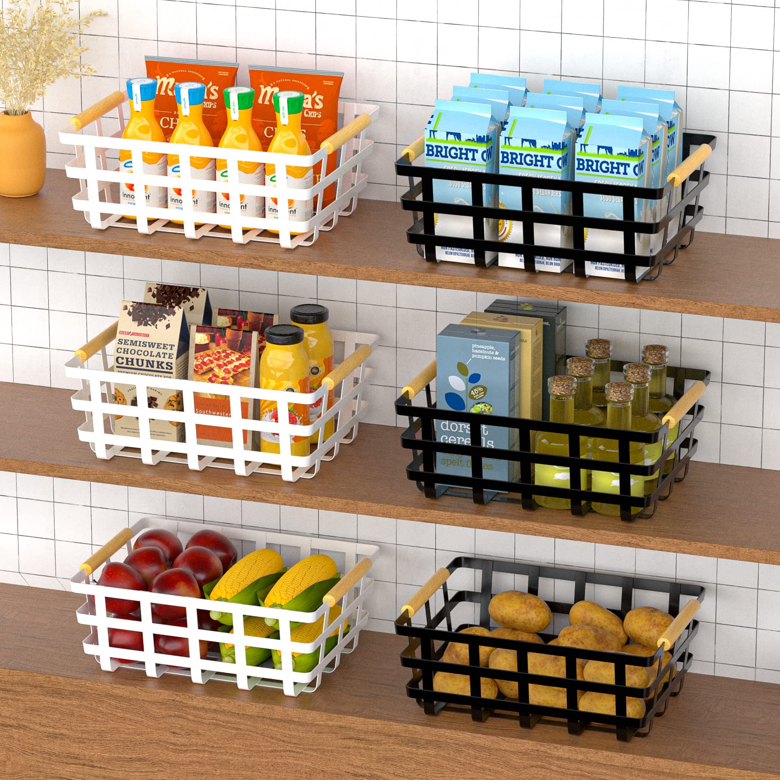 Farmhouse Baskets Wire Storage Baskets, Pantry Organizer Baskets With Wood Handle, Metal Baskets Bins For Kitchen Pantry Shelf C
