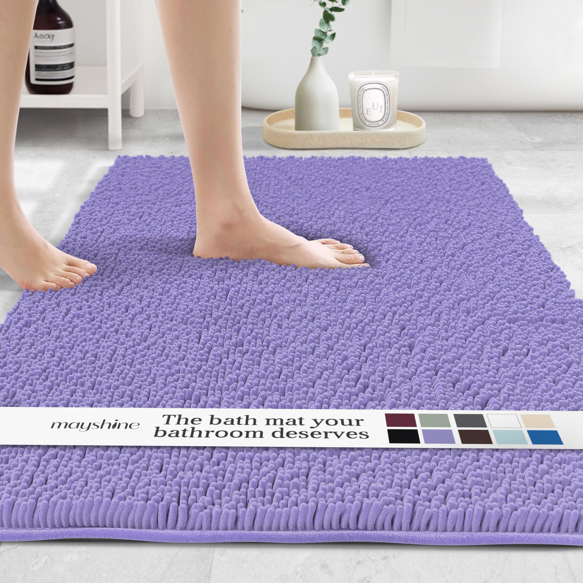 Extra Long Soft Plush Chenille Bathroom Runner Rug  Absorbent Microfiber Bath Mat  Machine Washable  Non-Slip Grip  Shag Carpet (Lavender  31x59)