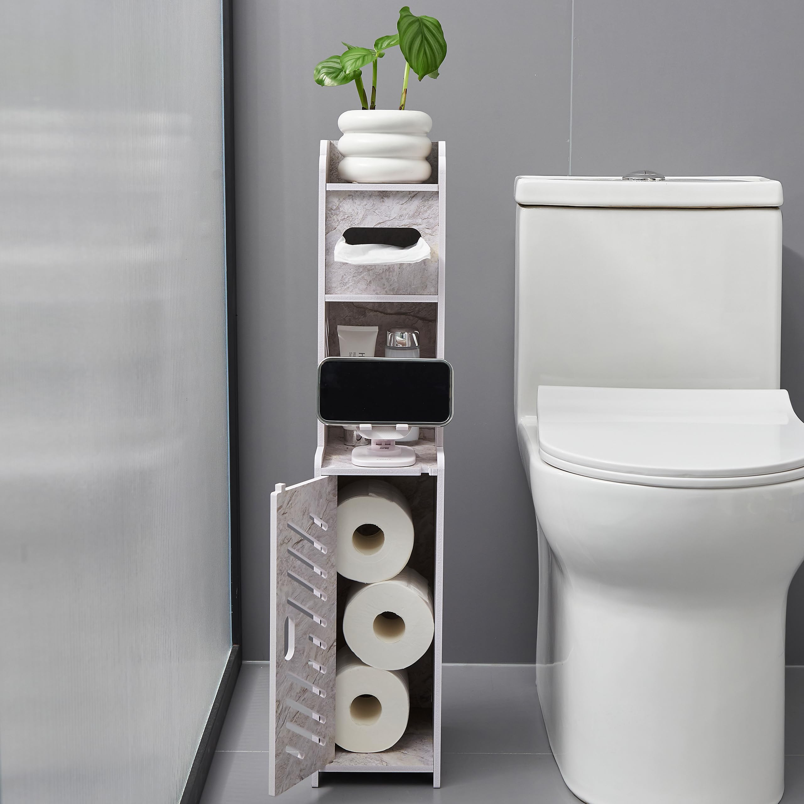 Doxo Small Bathroom Storage Cabinet, Behind Toilet Bathroom Organizer, Narrow Toilet Paper Cabinet For Restroom (Marble White)