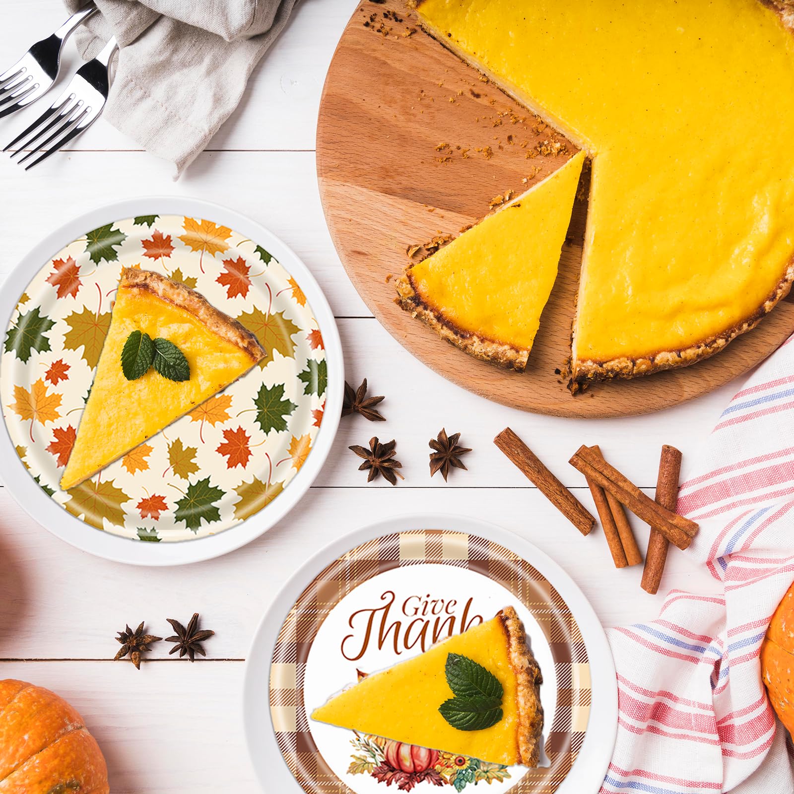 WRXVVTSV 50PCS Fall Paper Plates 7 Inch - Disposable Dessert Plates with 5 Autumn Designs, Thanksgiving & Friendsgiving Party Su
