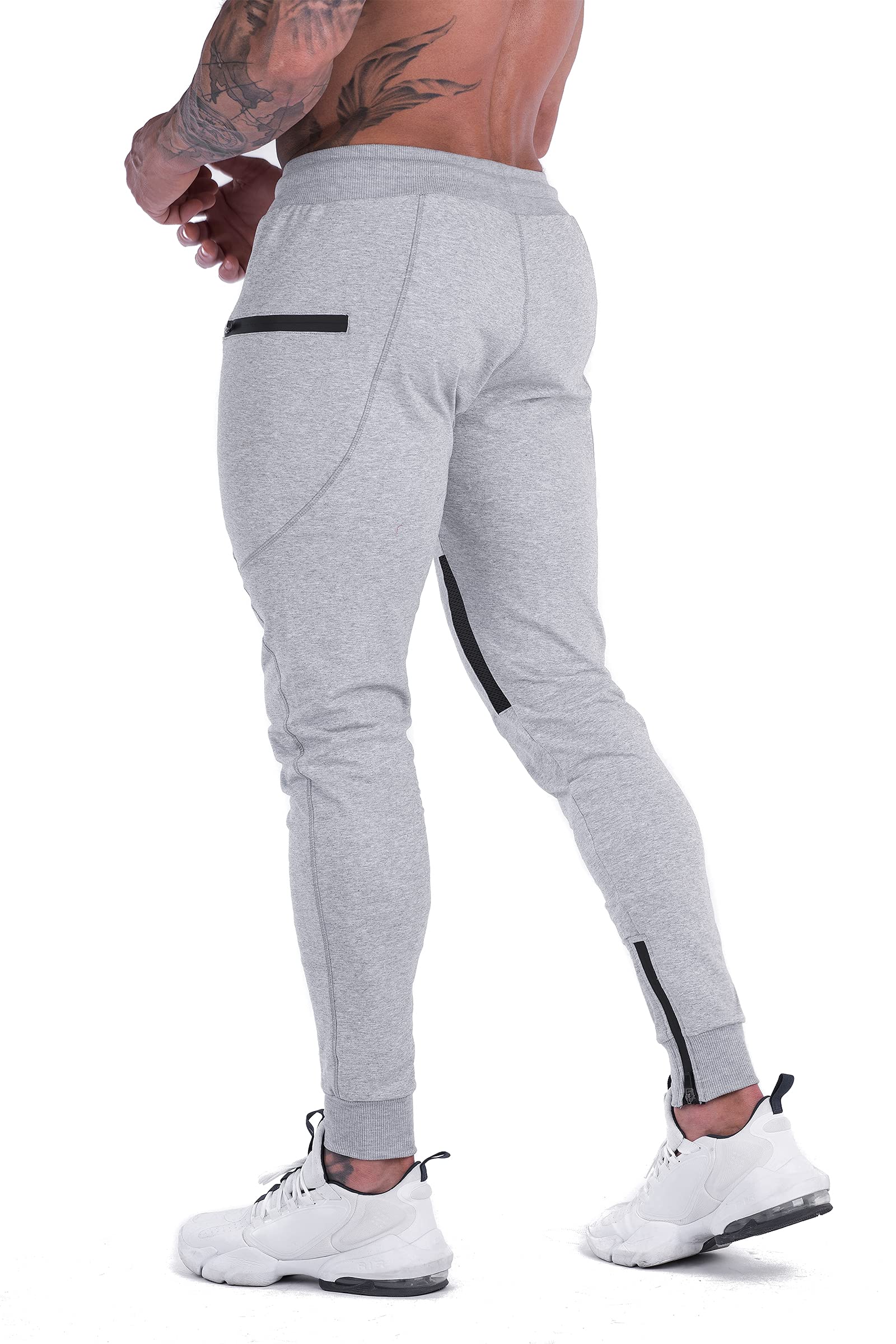 Firstgym Mens Joggers Sweatpants Slim Fit Workout Training Thigh Mesh Gym Jogger Pants With Zipper Pockets Light Grey