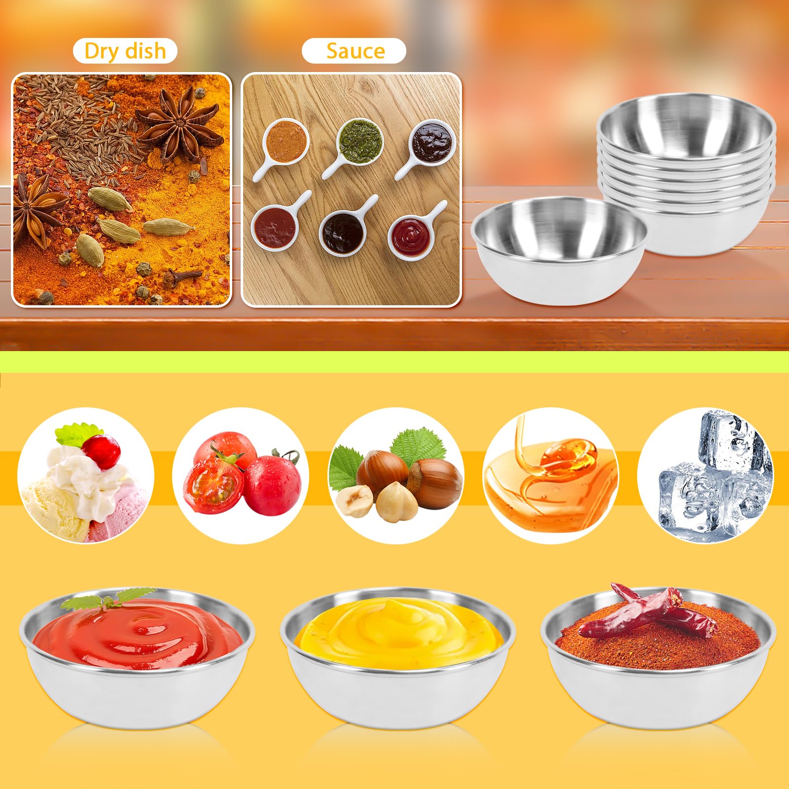 Billioteam 6 Pcs Stainless Steel Sauce Dishes, Round Seasoning Bowls, Mini Appetizer Plates, Sushi Dipping Bowl Mixing Saucers (