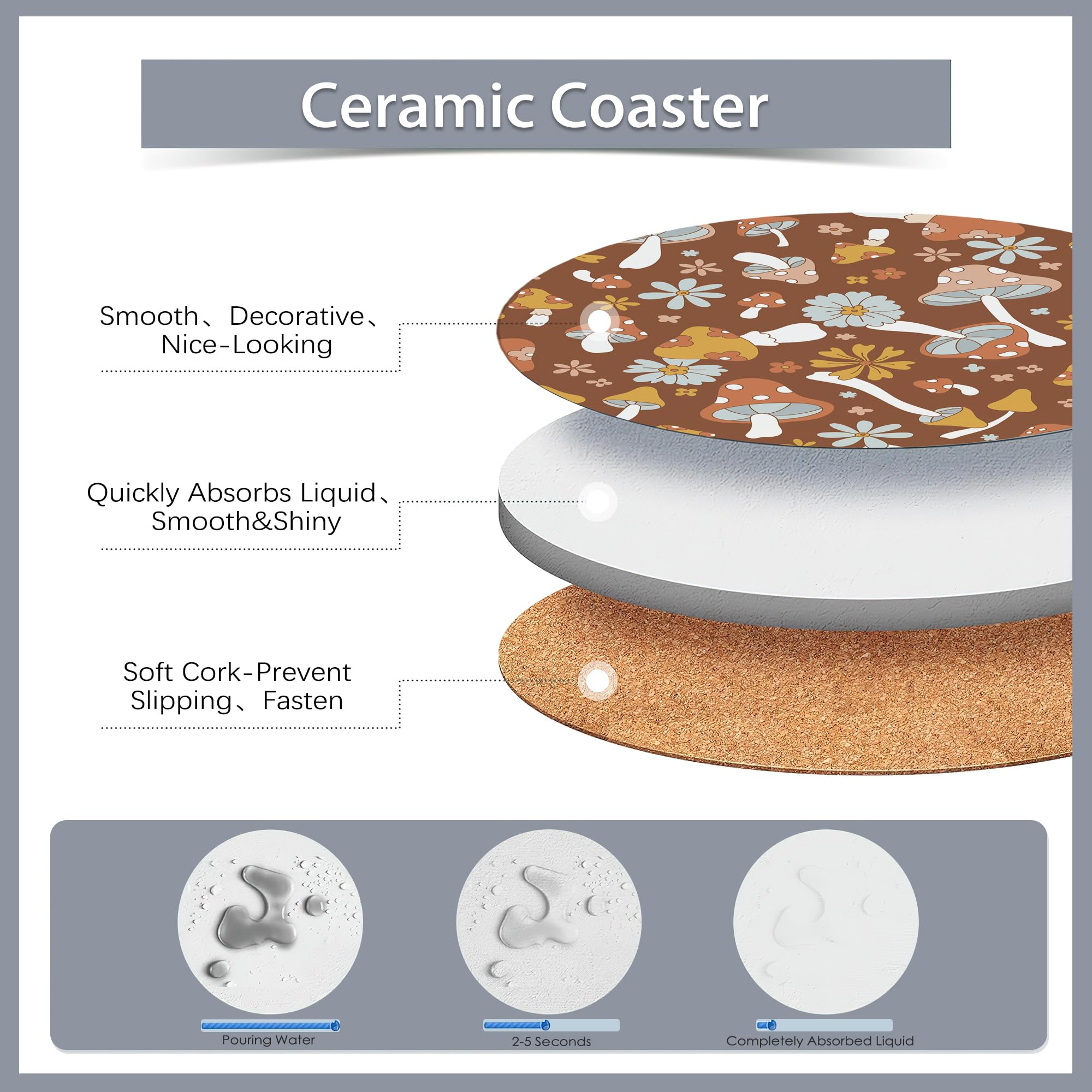 6 Pcs Coasters For Drinks With Holder,Retro Mushrooms Berries And Bugs Absorbent Coaster With Cork Backing,Great Gift For Housew