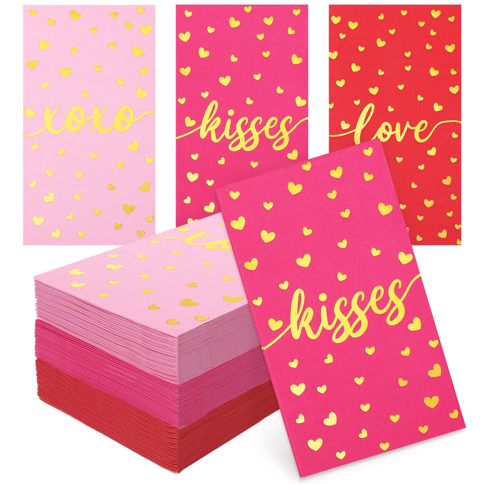 Whaline 75Pcs Valentine'S Day Guest Paper Napkins Red Pink Gold Foil 3 Ply Disposable Napkins Love Xoxo Kisses Dinner Hand Towel