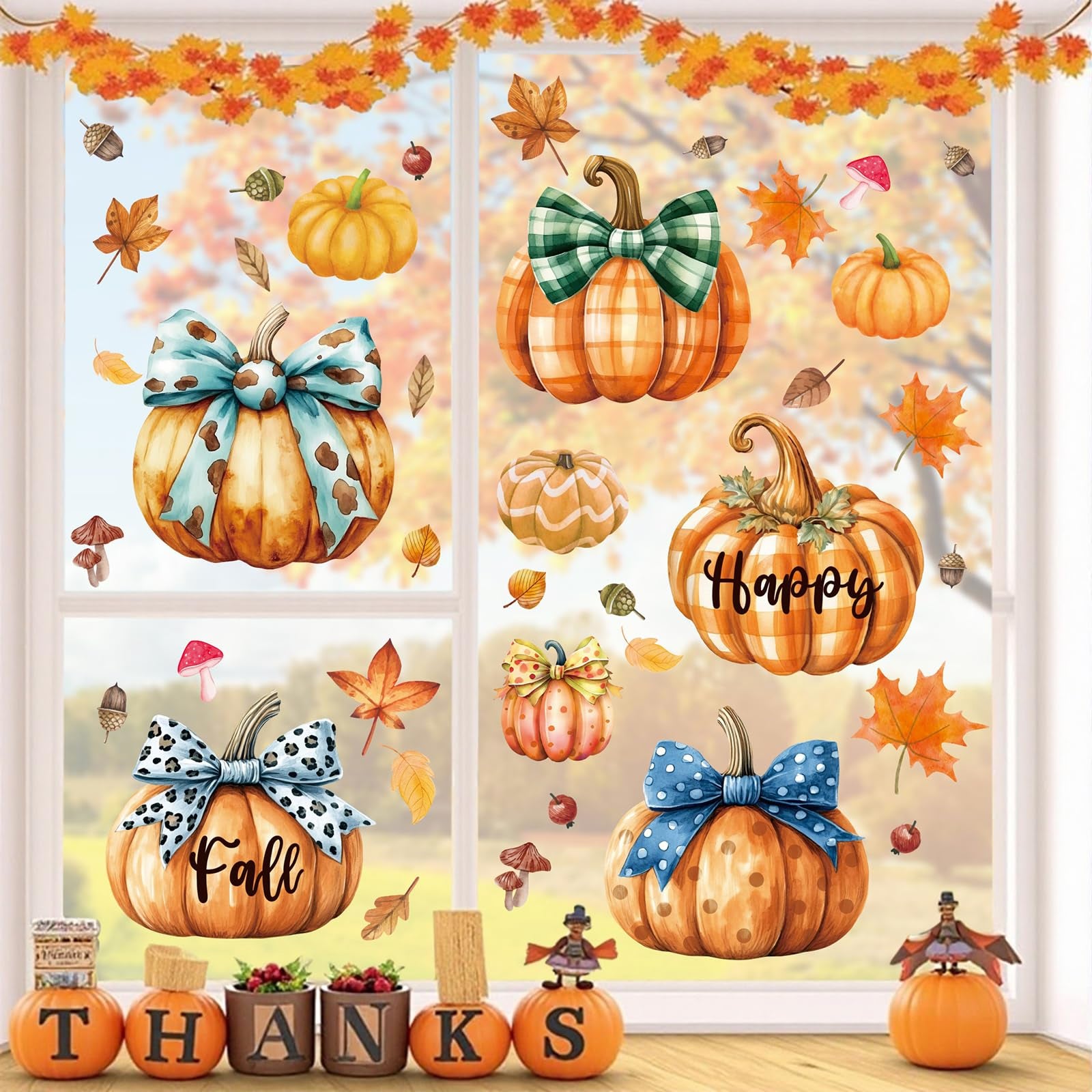 Ausril Happy Fall Window Clings,Maple Leaves Pumpkins Wall Decals,Fall Pumpkin Window Stickers,Autumn Harvest Decals for Glass,H