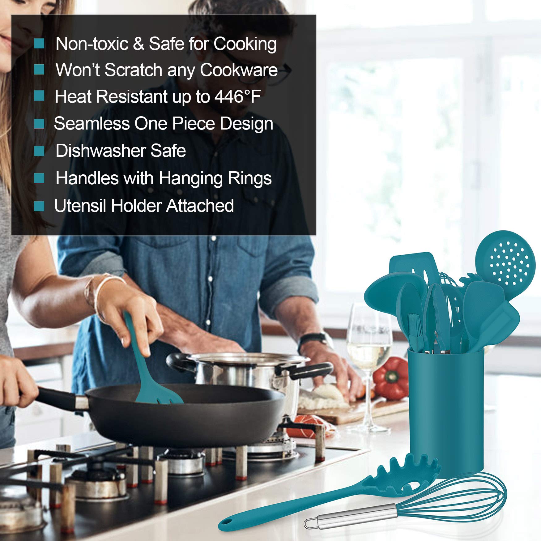 Lianyu 12-Piece Silicone Kitchen Cooking Utensils Set With Holder, Kitchen Tools Include Slotted Spatula Spoon Turner Ladle Tong