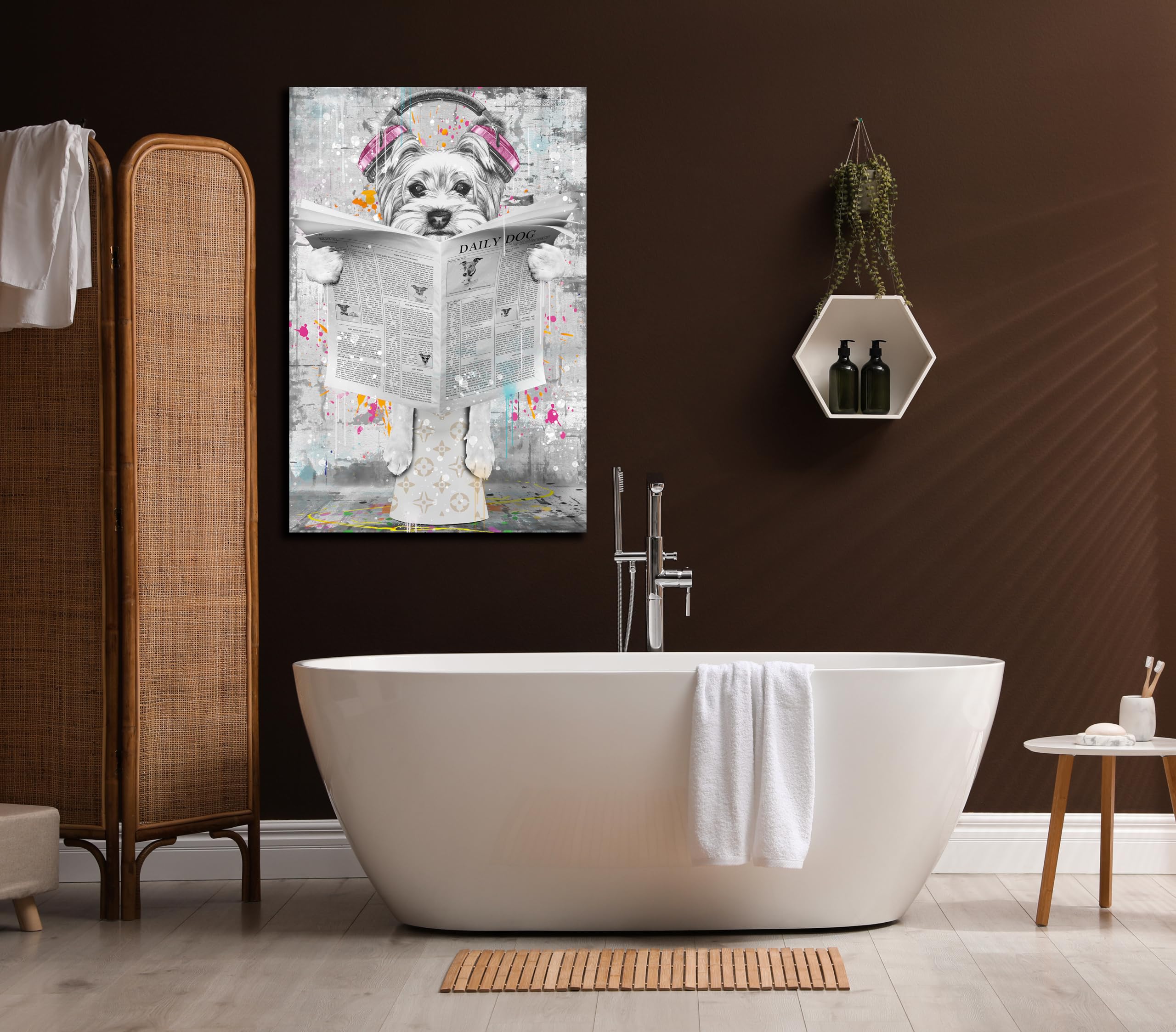 Entanub Bathroom Decor Wall Art, Black And White Graffiti Dog Canvas Print Painting, Funny Animal Picture For Bedroom, Size 24X3