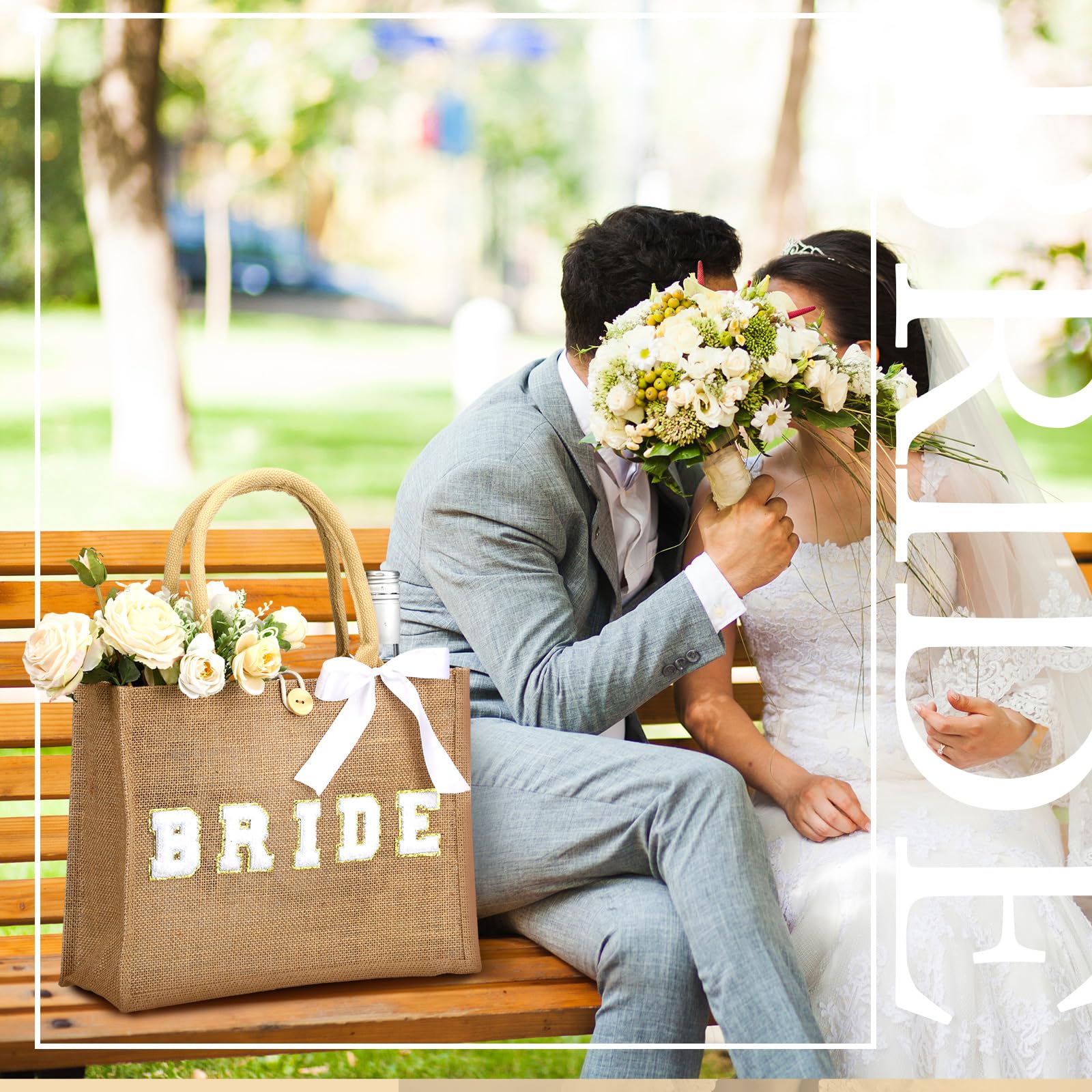 Silkfly Wedding Bride Bag Natural Jute Tote with Ribbon Bride Gift Bag with Handle for Shower(Gold Diamond,Bride)