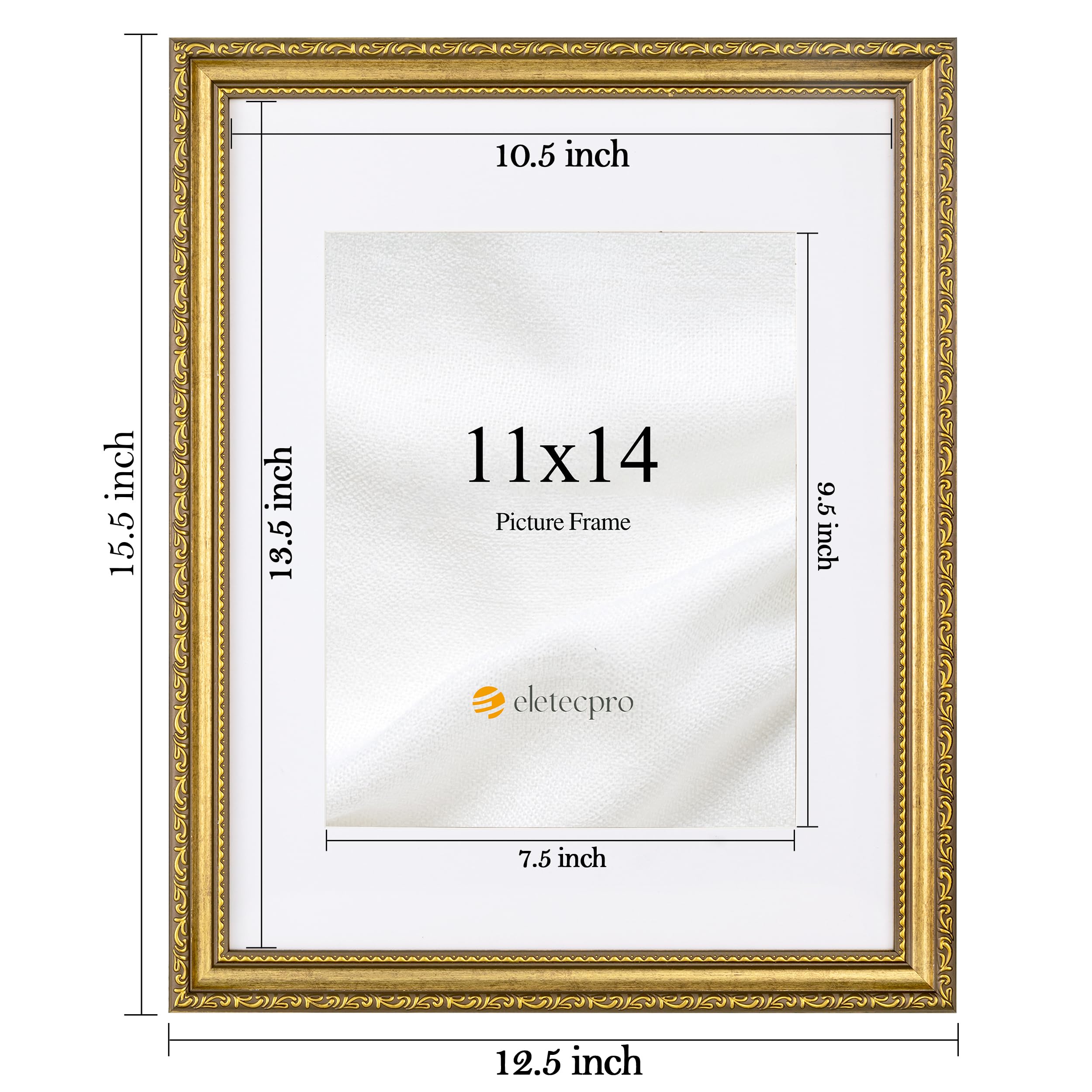 eletecpro 11x14 Picture Frames Set of 4, Vintage Photo Frame with Glass, Gold Frames 11 x 14 Display 8x10 Photo with Mat or 11x1