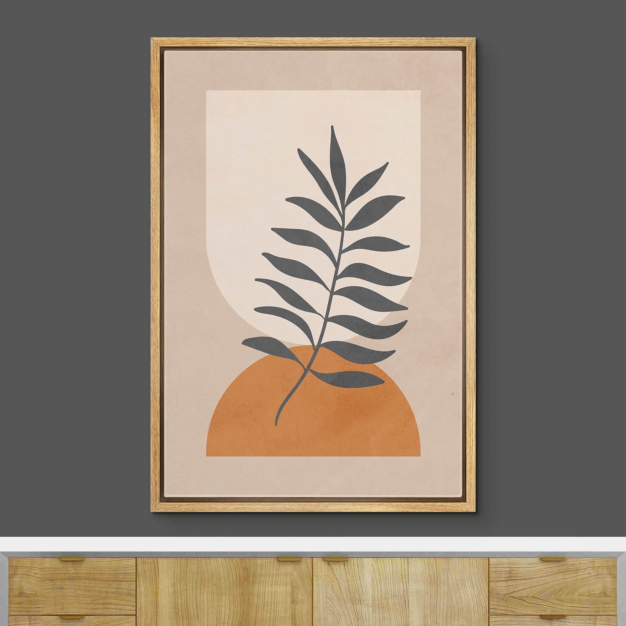 Ashbrook Framed Canvas Print Wall Art Mid-Century Leaf Silhouette On Orange Polygon Floral Botanical Illustrations Modern Bohemi