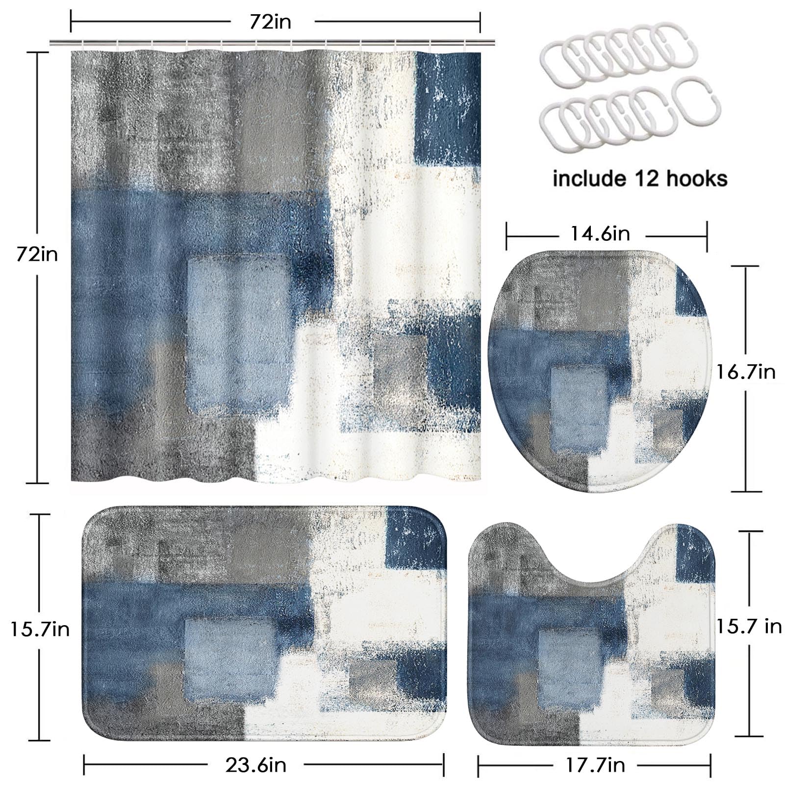 ArtSocket 4 Pcs Shower Curtain Set Blue Grey Abstract Painting Gray Vintage Retro with Non-Slip Rugs Toilet Lid Cover and Bath Mat Bathroom Decor Set 72'' x 72''