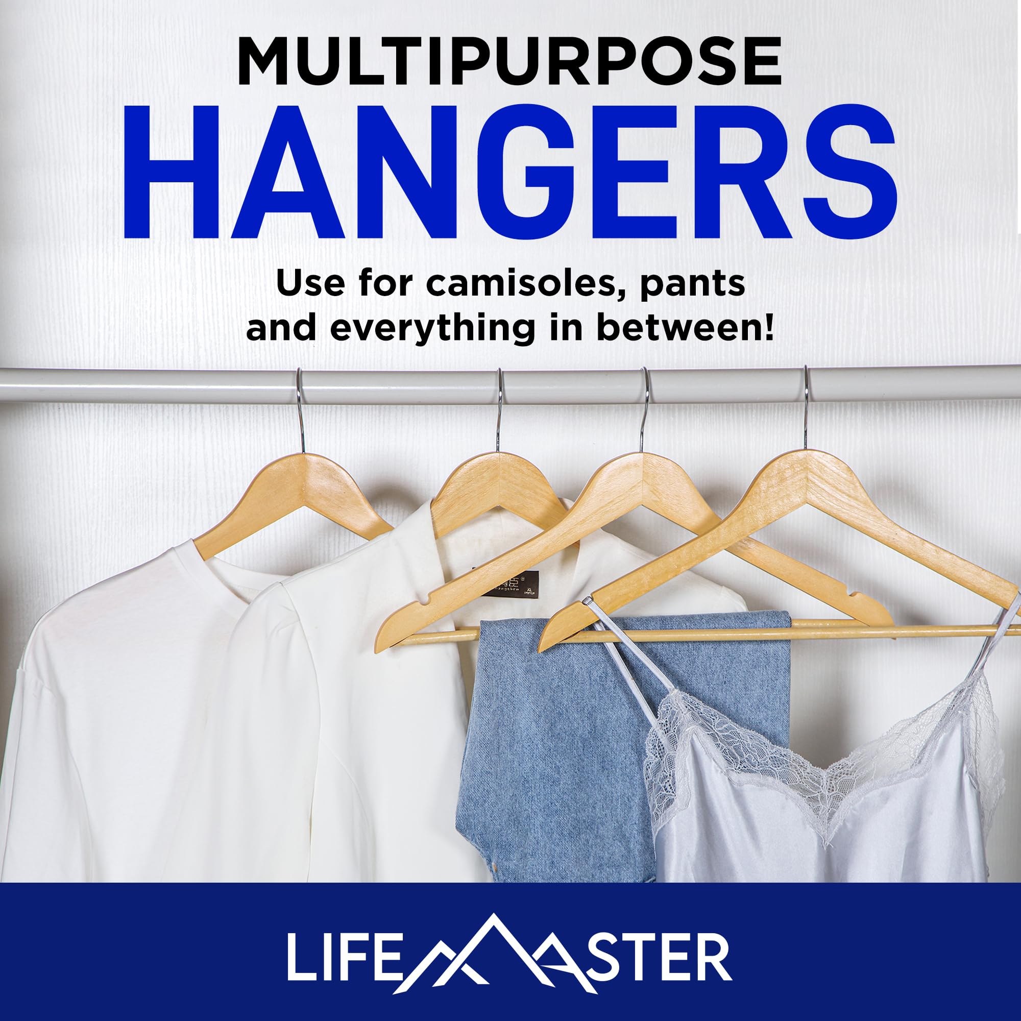 Lifemaster Wooden Hanger Set - 30 Pieces Non-Slip Versatile Closet Space-Saving Hanger Set For Suit, Coat, Camisole, Jacket, Pan