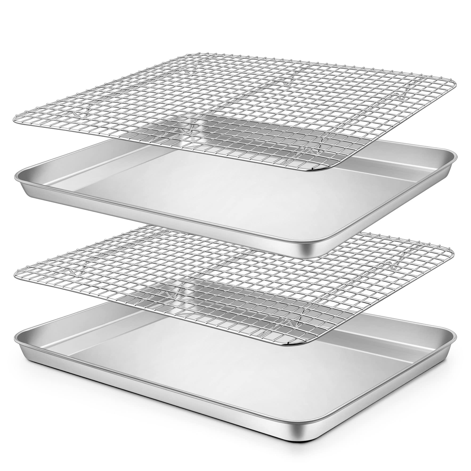 Half Baking Sheet And Grid Rack Set Of 4, P&P Chef Stainless Steel 17.5 Inch Cookie Sheets Pans Baking Trays With Cooling Racks,