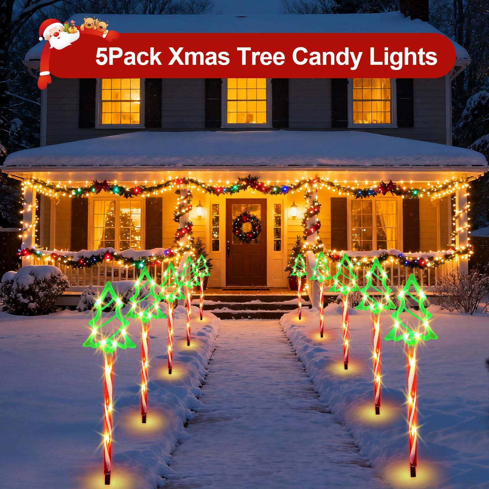 5Pack Christmas Solar Pathway Lights Outdoor -8 Lighting Modes Waterproof Candy Cane Stake Lights, Solar Christmas Lights Outdoo