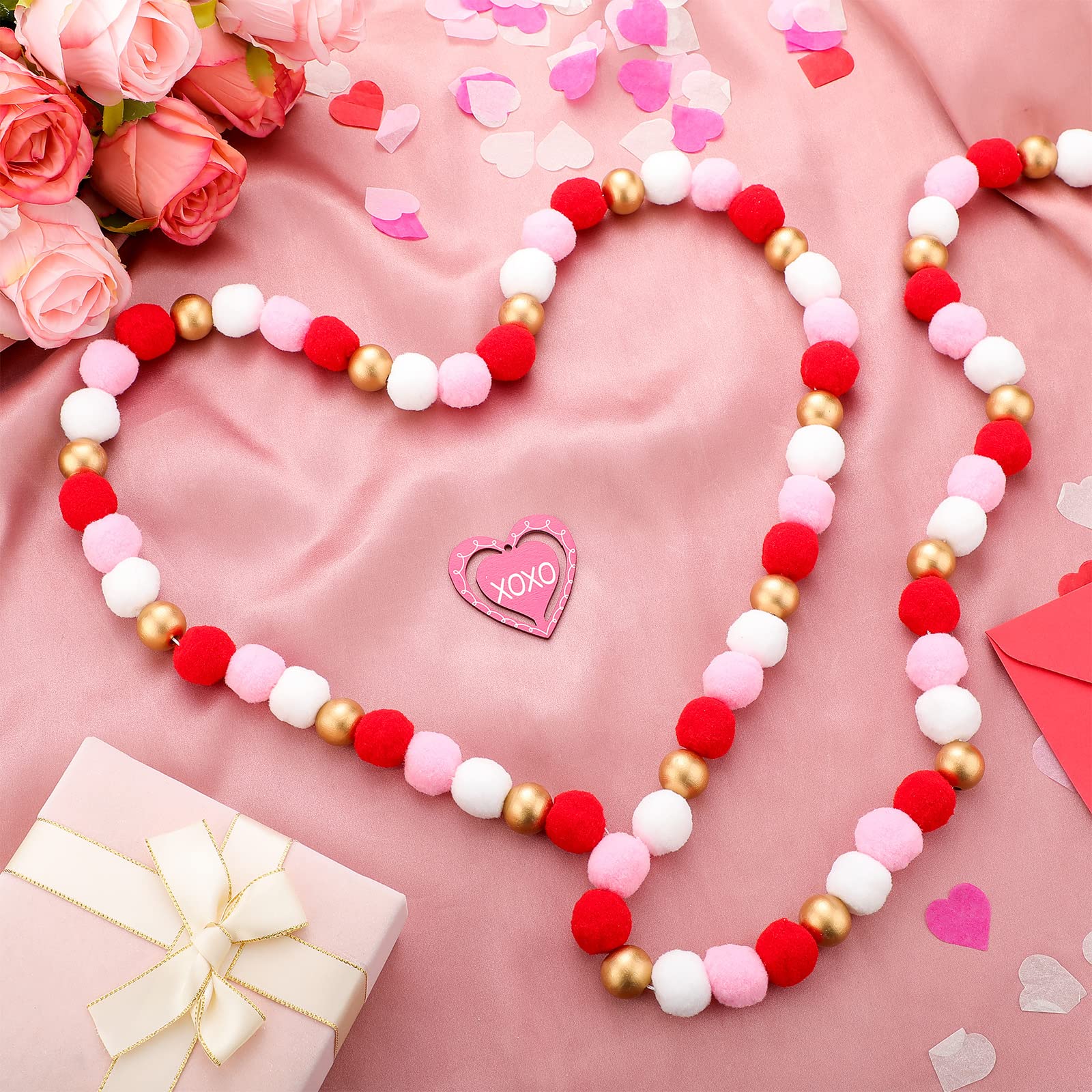 2 Pcs Valentines Day Garland Decoration Valentine Pom Pom Wool and Wood Felt Ball Valentines Felt Garland with Gold Wood Beads V