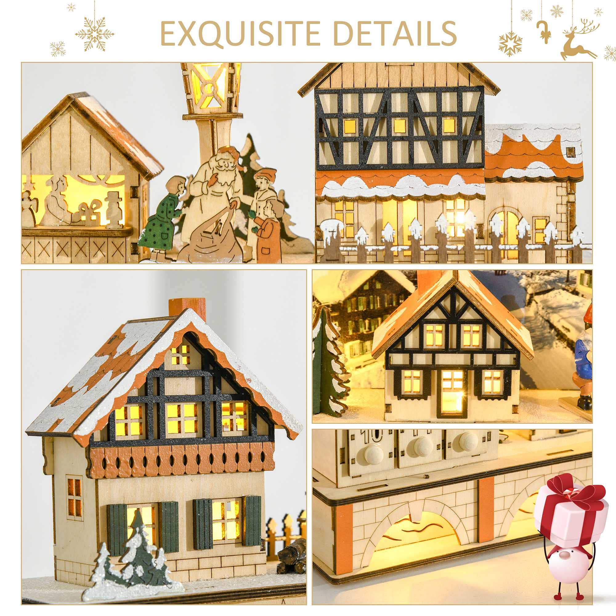 HOMCOM Christmas Advent Calendar, Light Up Table Xmas Wooden Store Holiday Decoration with Countdown Drawer, Village, for Kids a