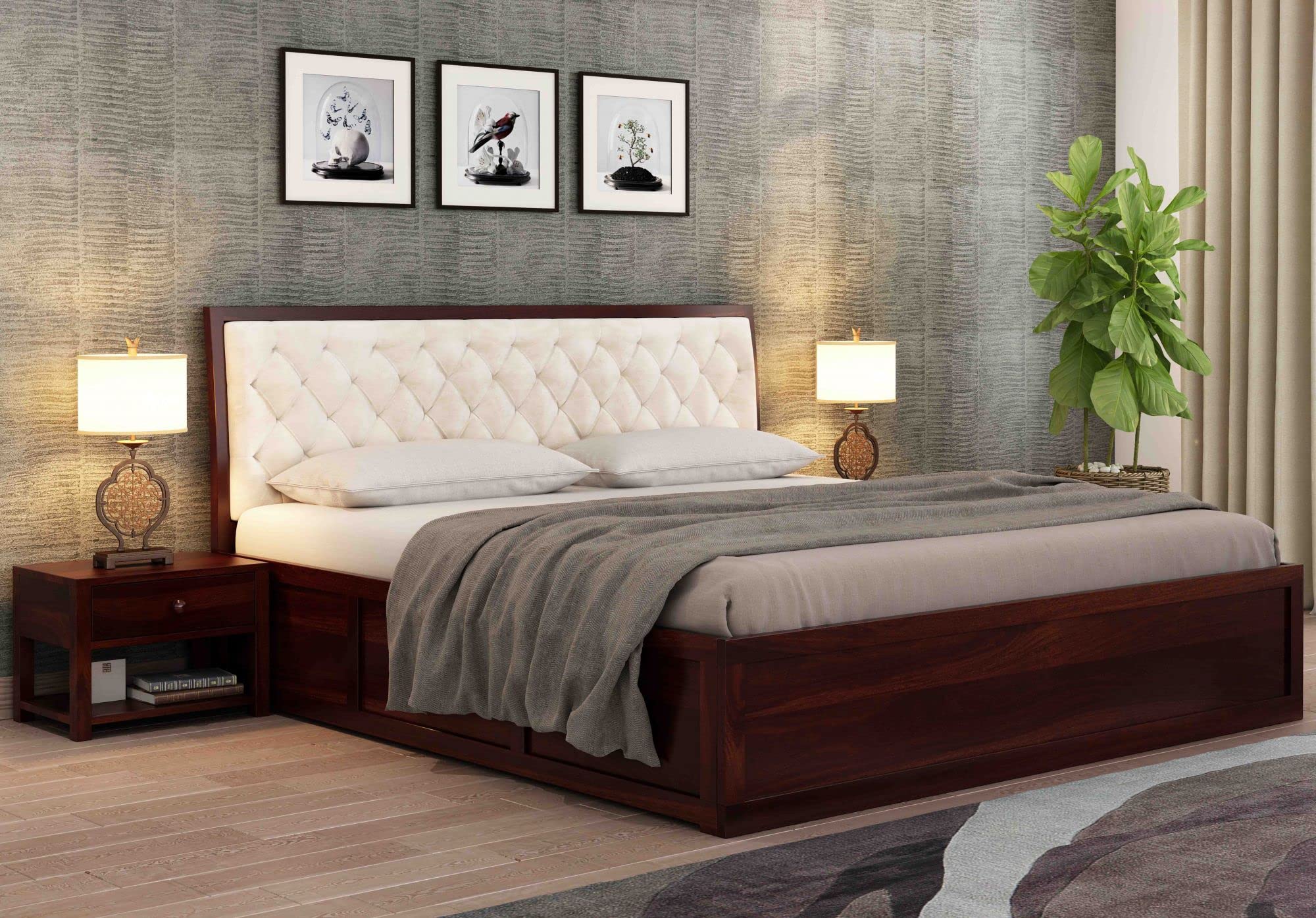 Driftingwood Dolvi Solid Sheesham Wood King Size Bed With Storage | Wooden Double Bed Cot Bed With Box Storage & Upholstered Cus