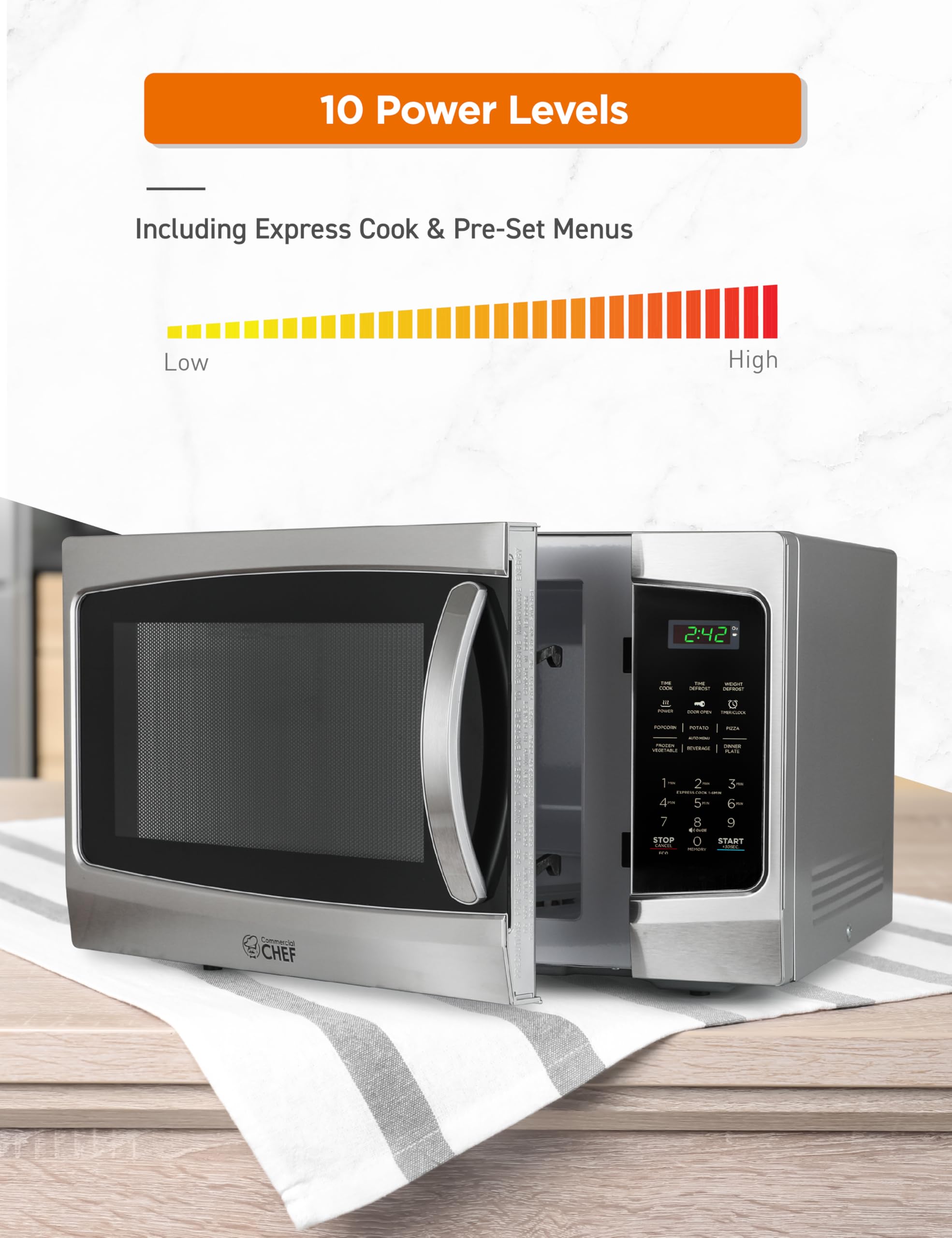 Commercial Chef Small Microwave 13 Cu Ft Countertop Microwave With Digital Display, Stainless Steel Microwave & 10 Power Levels,