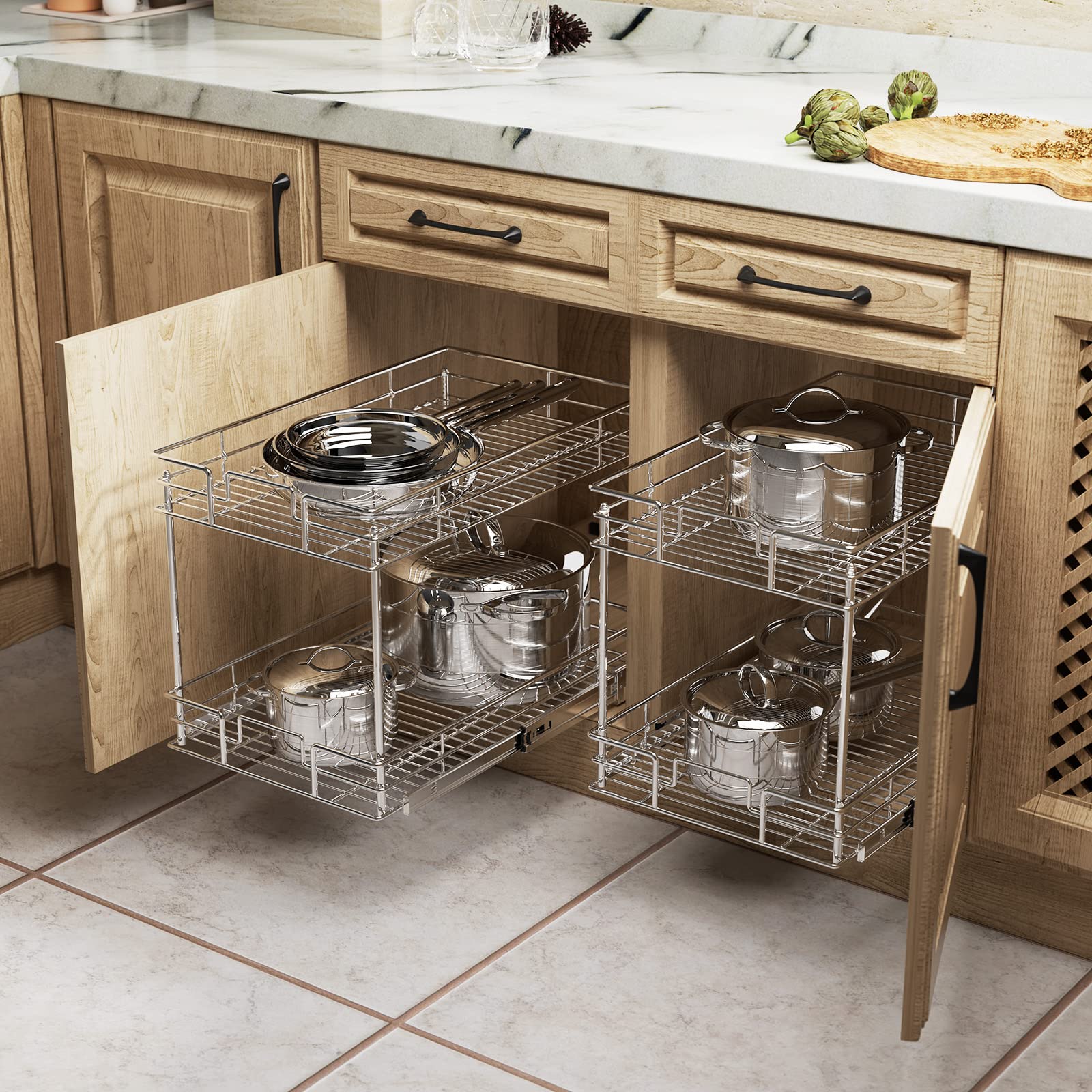 Roomtec New Version Pull Out Cabinet Organizer For Base Cabinet (17'' W X 21'' D), Kitchen Cabinet Organizer And Storage 2-Tier