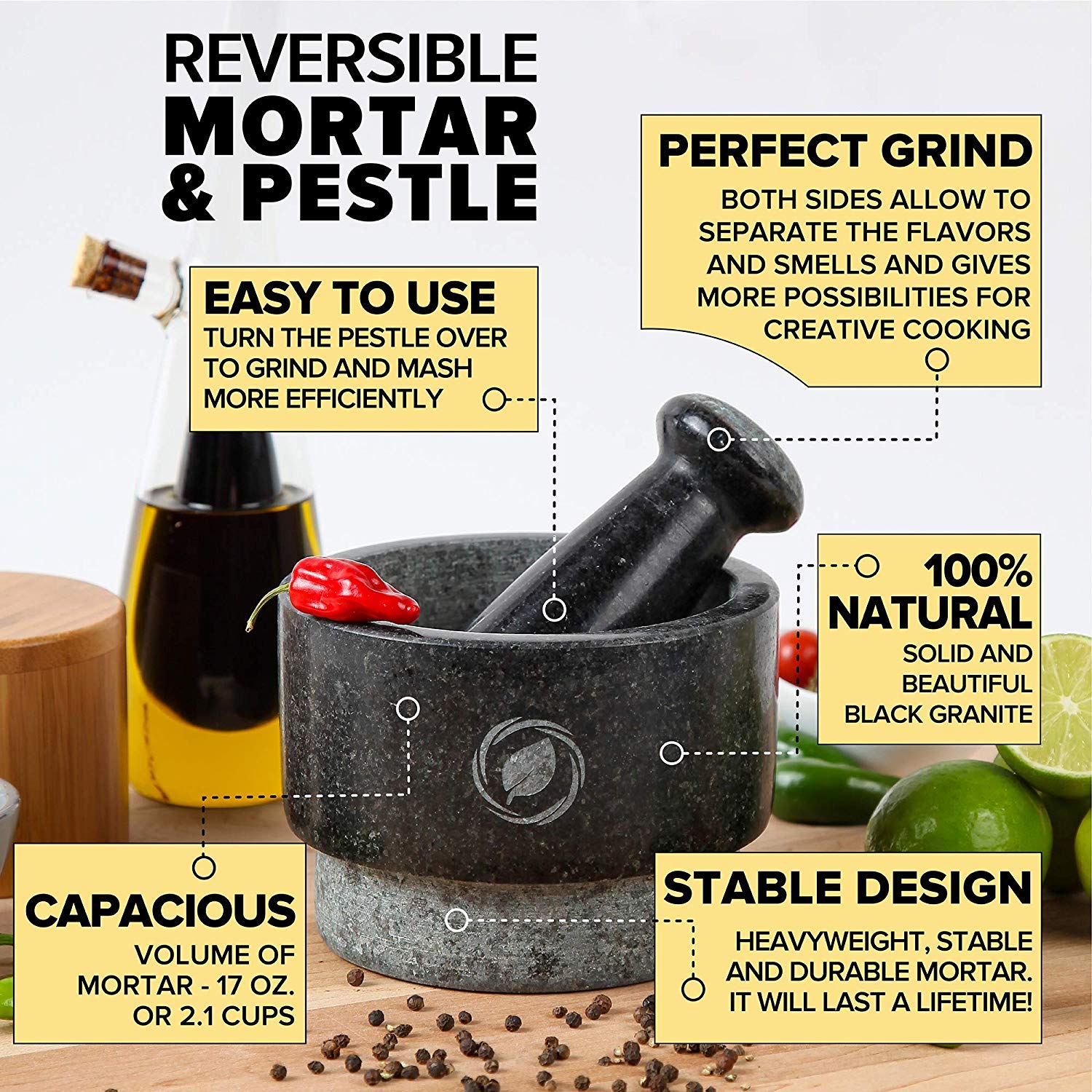 Laevo Mortar And Pestle Large Set - Black Granite Stone Spice Grinder, 2.1 Cup Capacity, 5.5 Inches - Reversible Molcajete Mexic