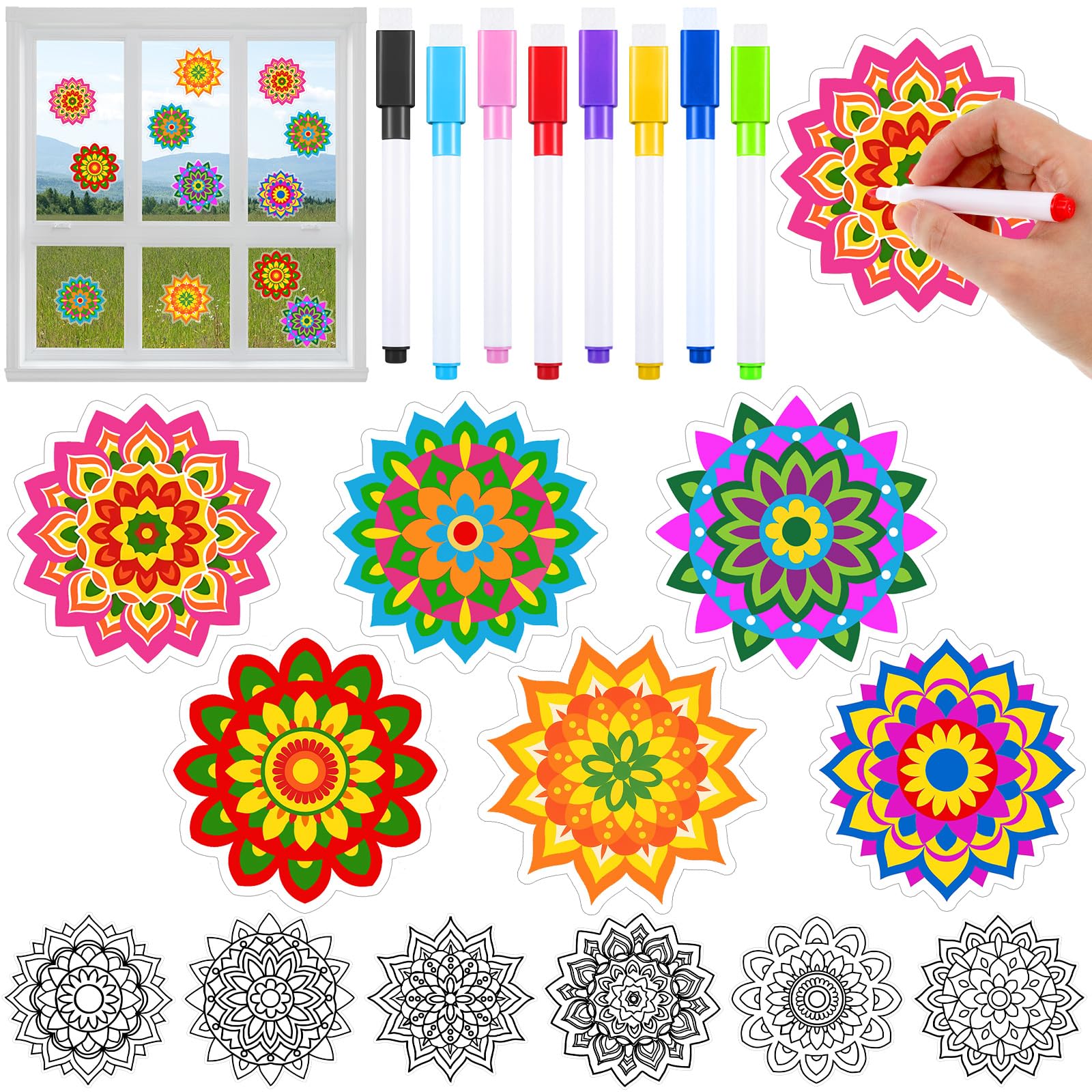 Frienda 36 Pcs Stained Glass Mandala Art Kit DIY Window Clings with Markers 6 Designs Holi Suncatchers Craft Color Your Own Spri