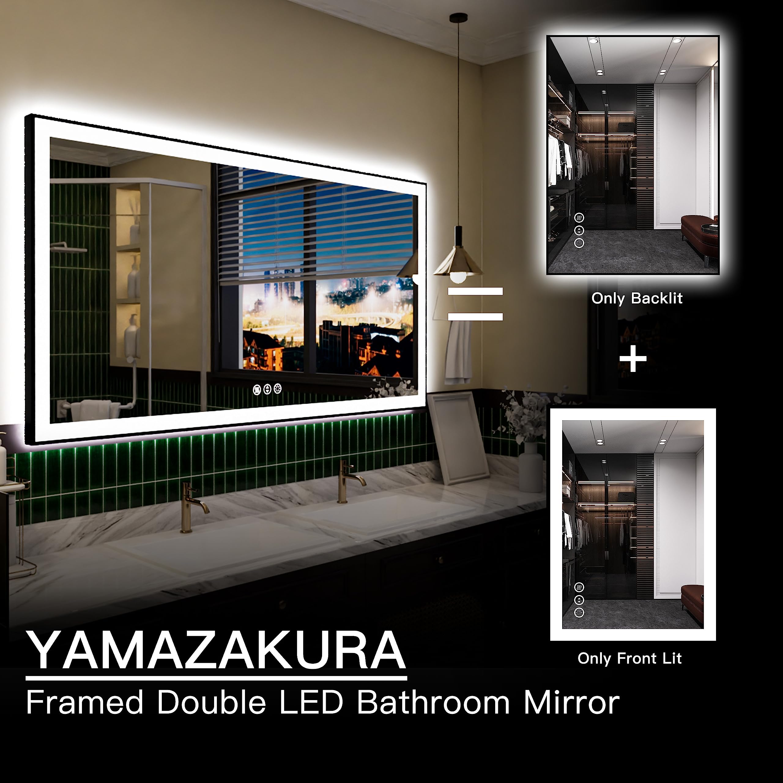 Yamazakura Large Light Bathroom Mirror 55X36 Backlit And Front Lighted Led Wall-Mounted Vanity Mirror Modern Rectangle Black Mir