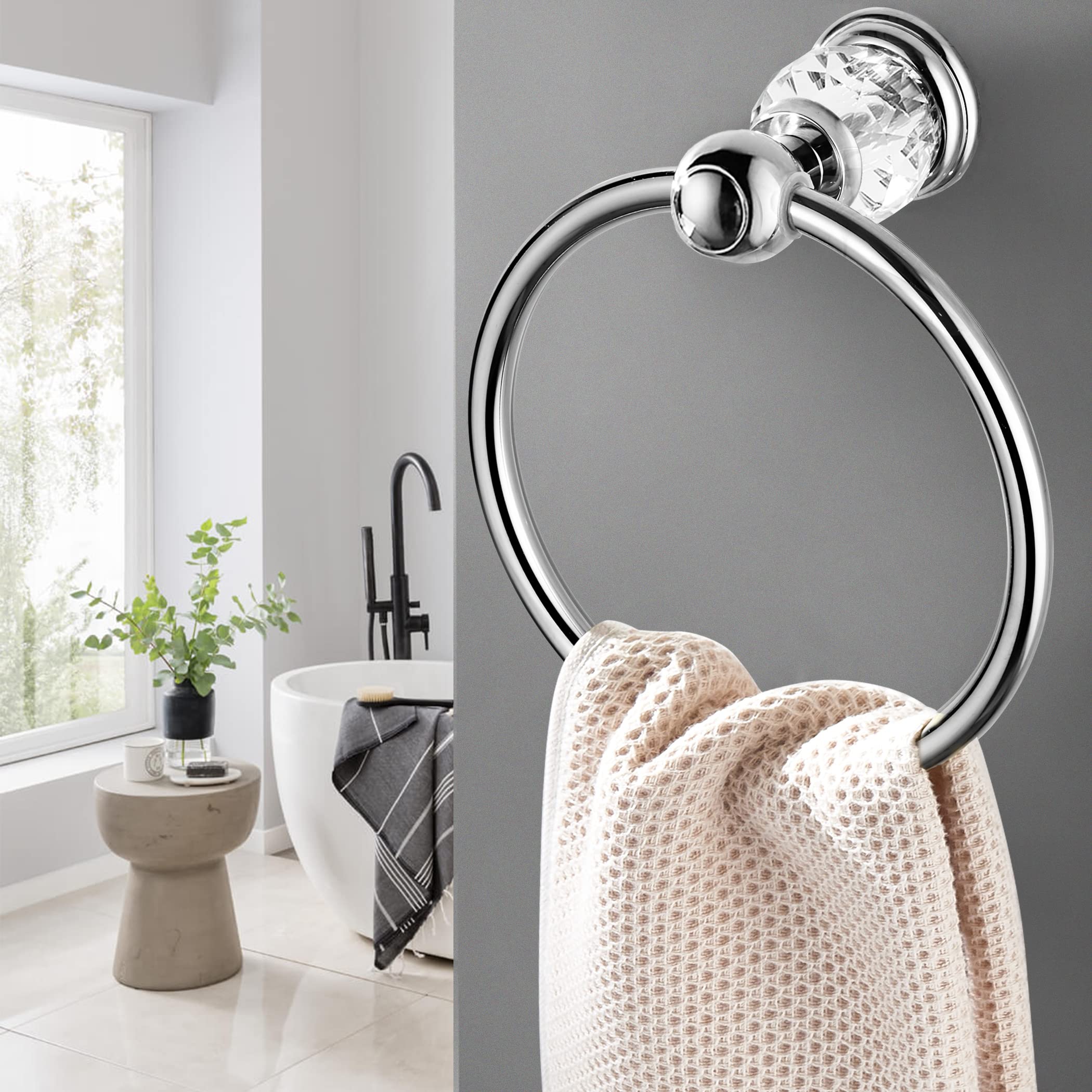 WINCASE Chrome Towel Ring  Bath Hand Towel Holder Crystal  Silver Towel Rack Wall Mounted