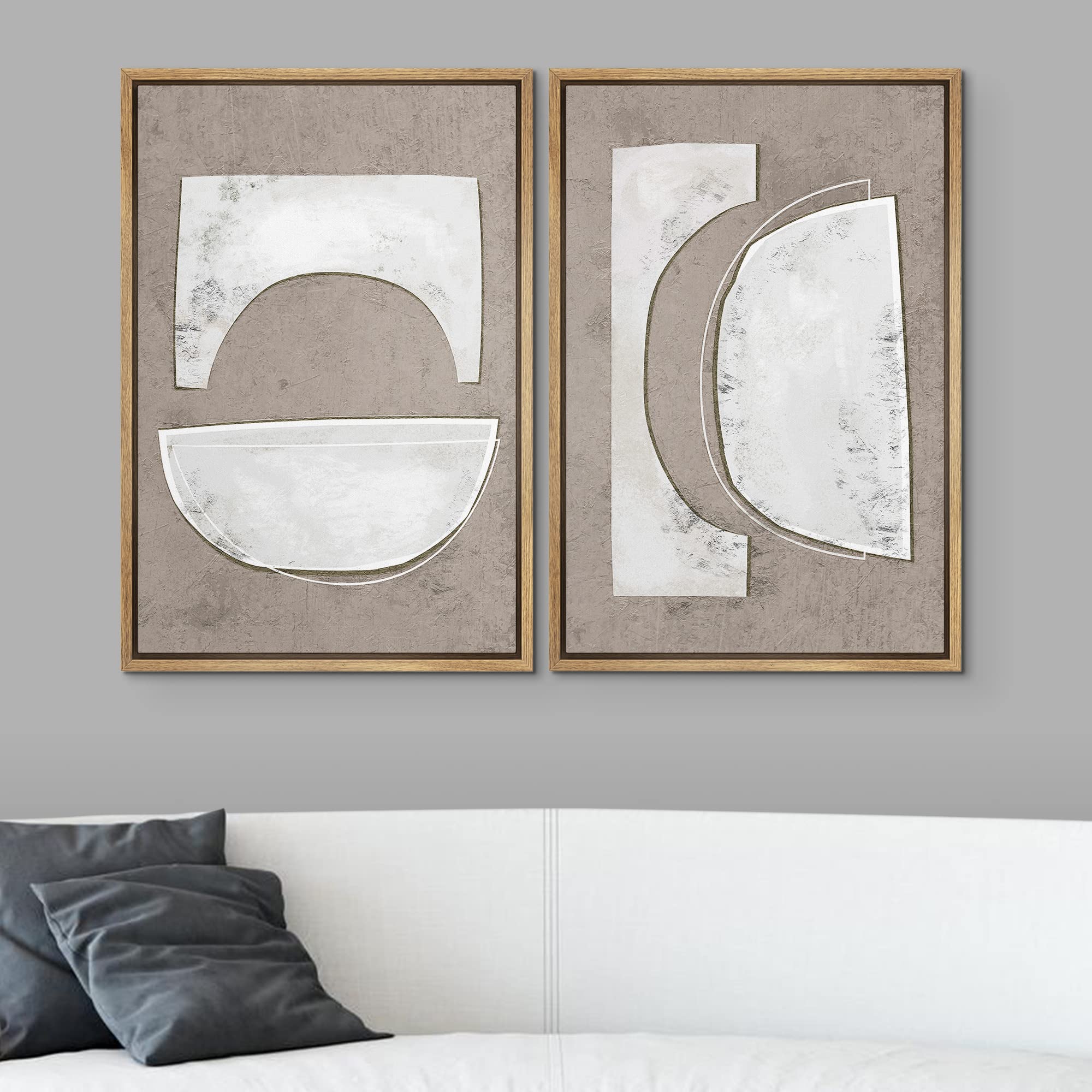 SIGNWIN Framed Canvas Print Wall Art Set Art Deco Grunge White Polygons Abstract Shapes Cozy Neutral Minimal Decorative Nordic Zen Bohemian for Living Room  Bedroom  Office - 16''x24''x2 Natural