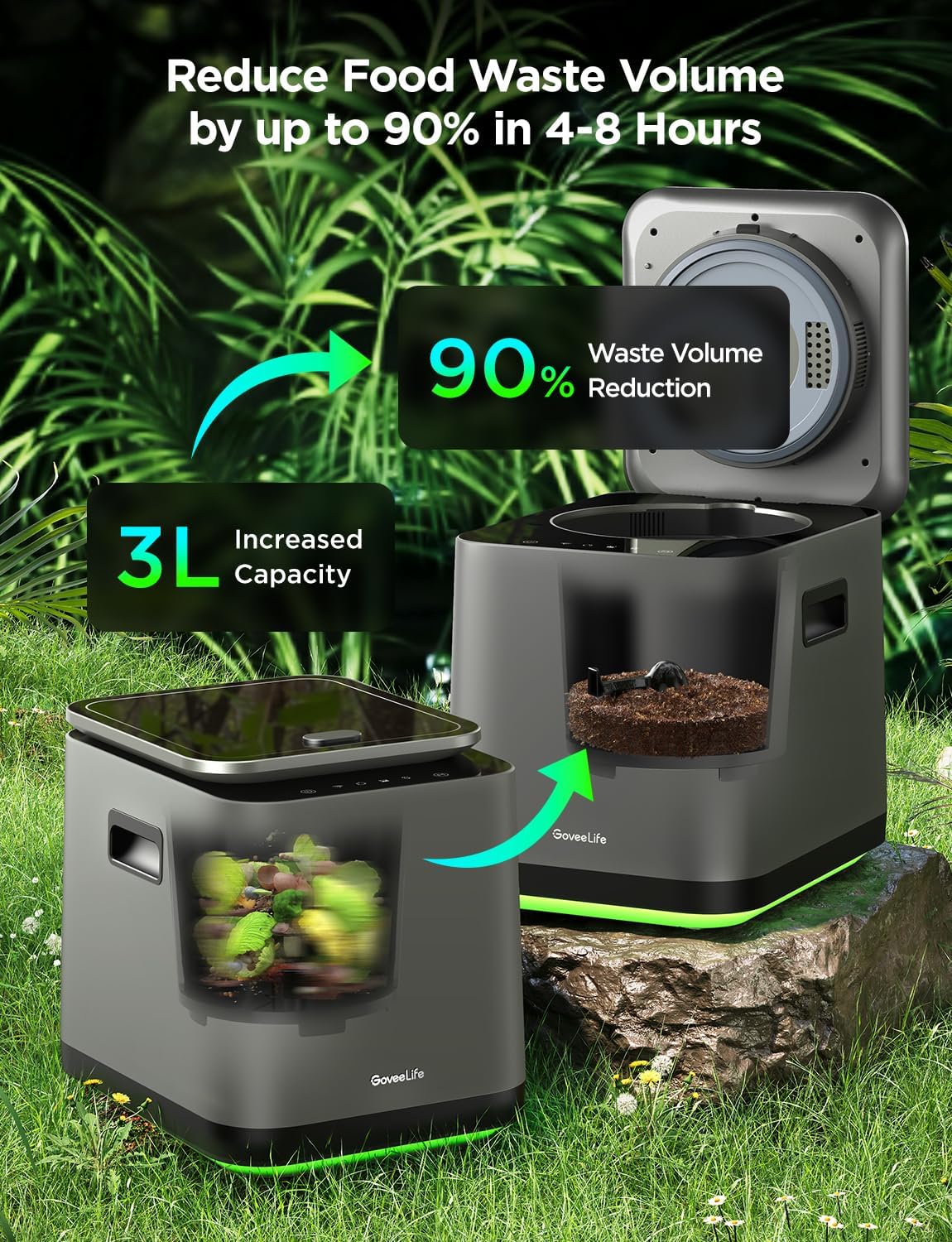 GoveeLife Smart Electric Composter, 3L Indoor Bin, Stainless Steel, Black, Model H7184, App & Voice Control, Auto-Cleaning