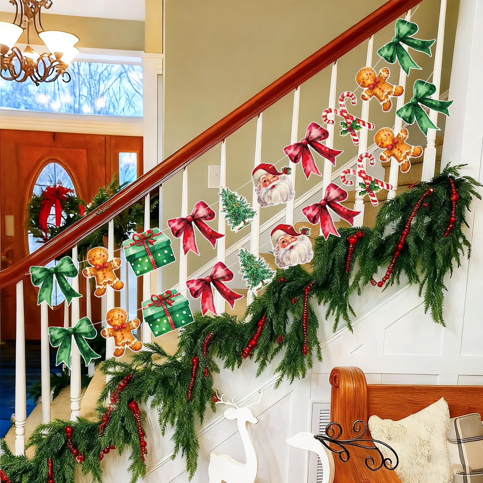 Oudain 2 Pack Christmas Paper Garland 6.56 ft Red Green Christmas Tree Santa Claus Candy Cane Gingerbread Man Bow Hanging Buntin
