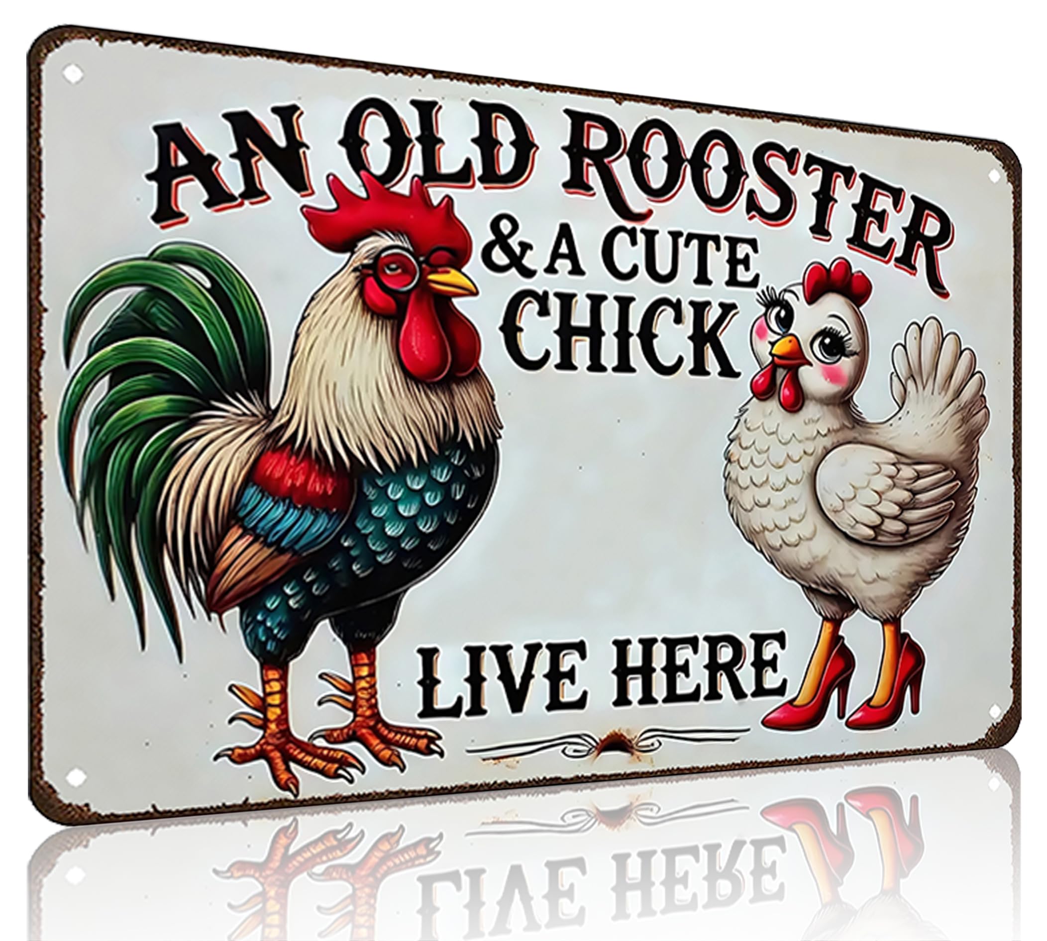 Smilelife Funny Gifts for Women Chicken Lovers Farm Enthusiasts An Old Rooster And A Cute Chick Live Here Chicken Tin Sign for C