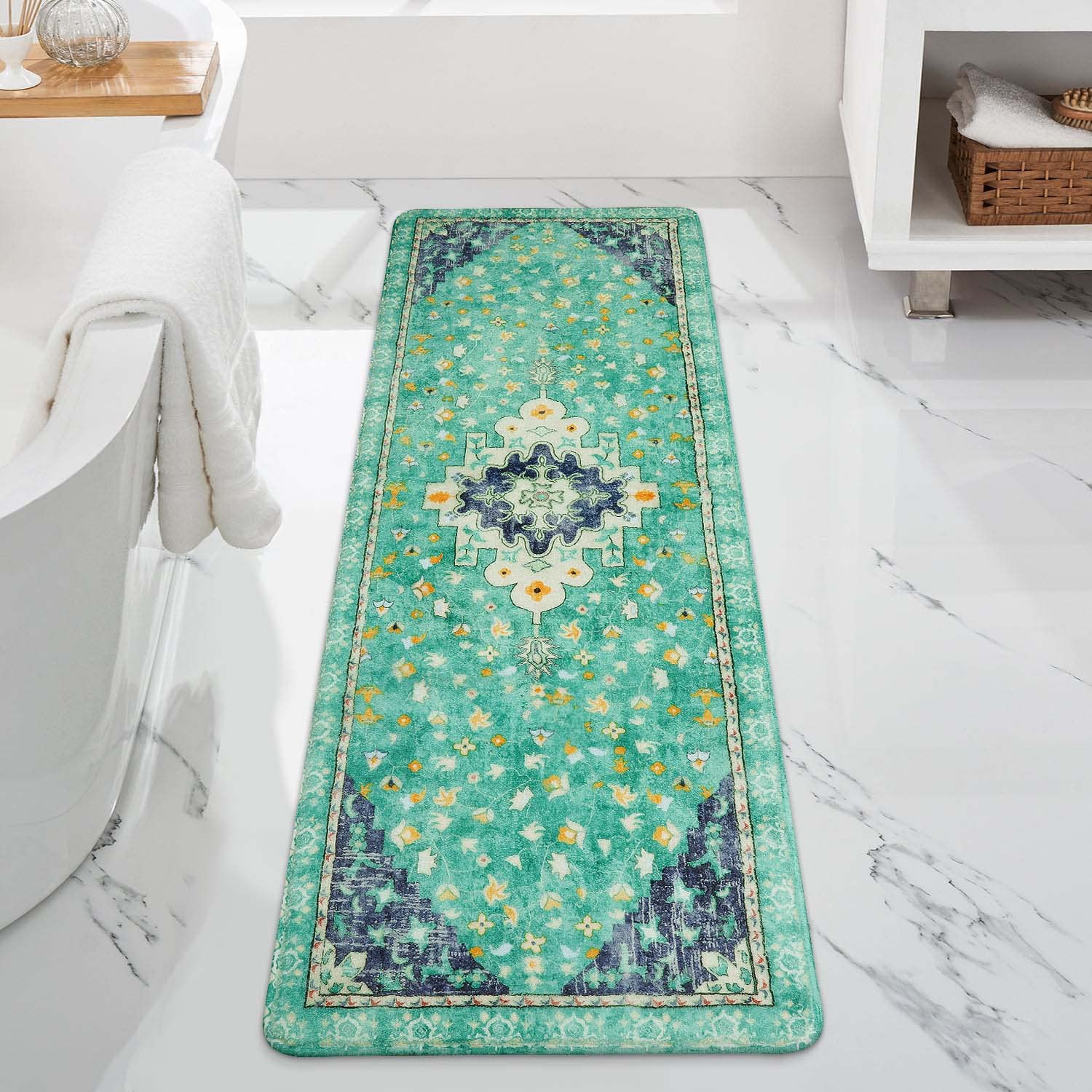 Uphome Retro Long Boho Rug Green Non-Slip Soft Bathroom Rug Runner Machine Washable Oriental Bathroom Mats Traditional Farmhouse