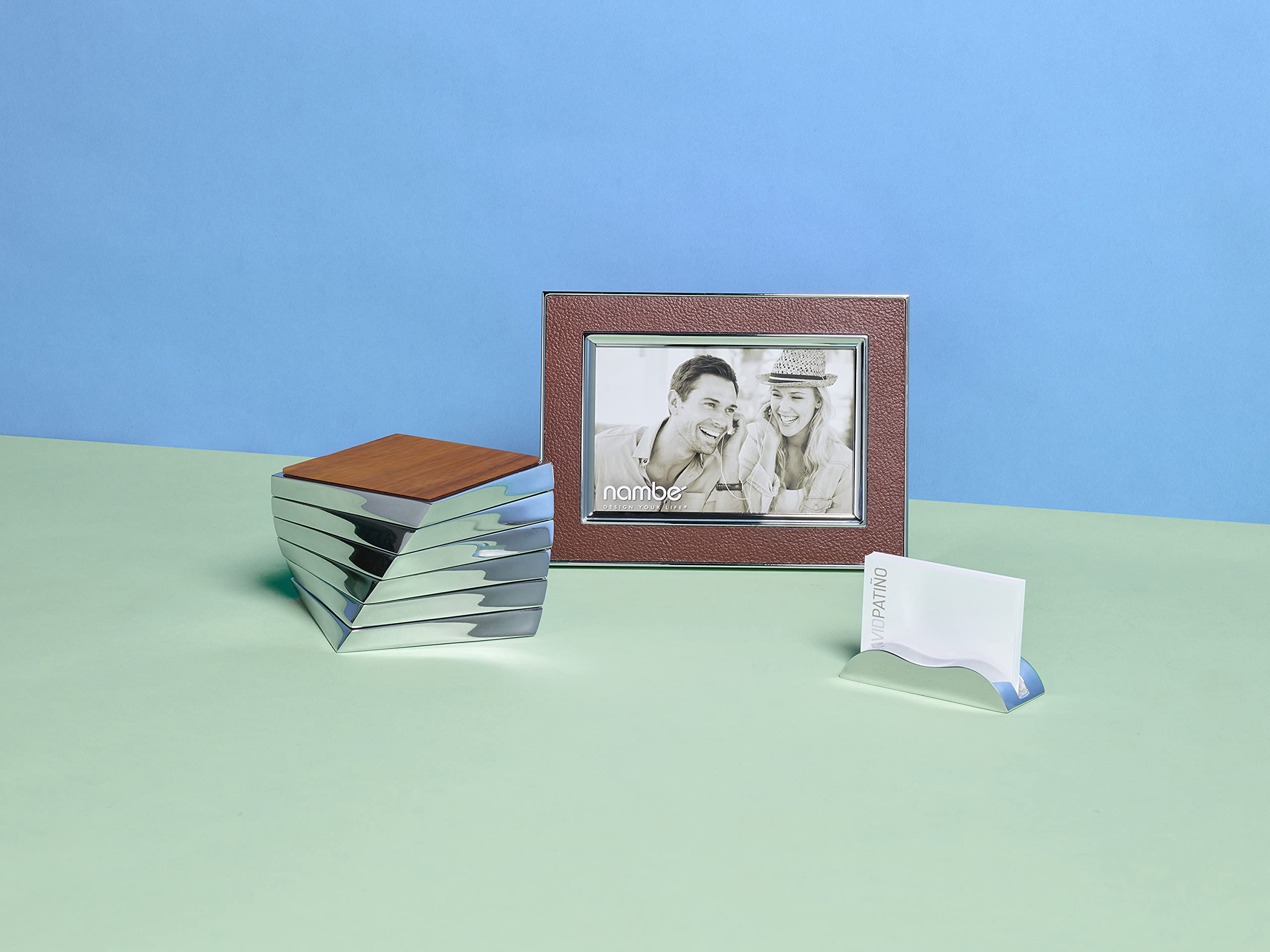 Nambe Twist Coaster 6-Piece Set | Wooden Drinks Coasters For Tabletop Protection | Made Of Acacia Wood And Metal Alloy | Unique