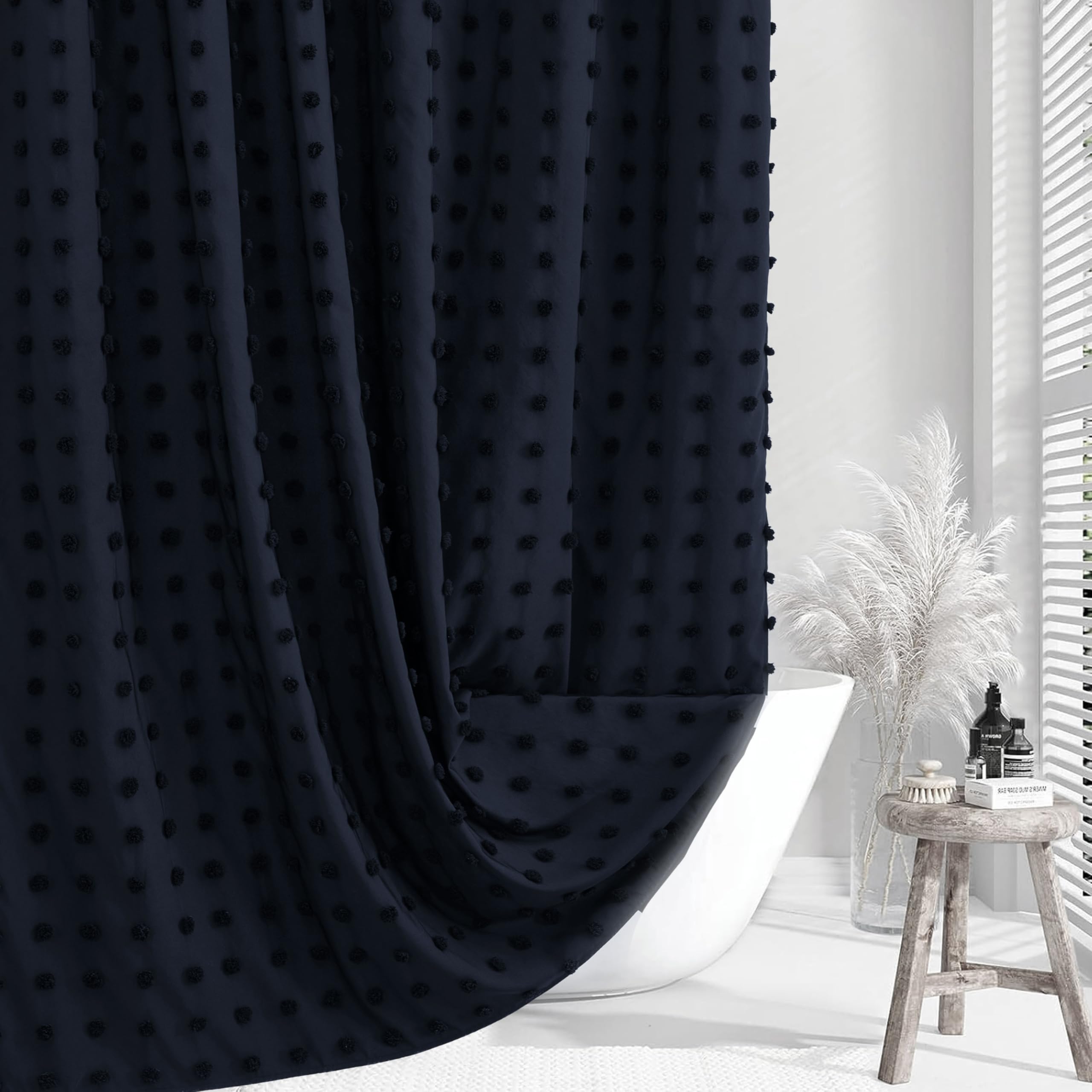 Siiluminisoy Boho Navy Blue Shower Curtain Woven Fabric Shower Curtain, 72 X 72 Tufted Pleat Floral Puffs Textured Modern Minima