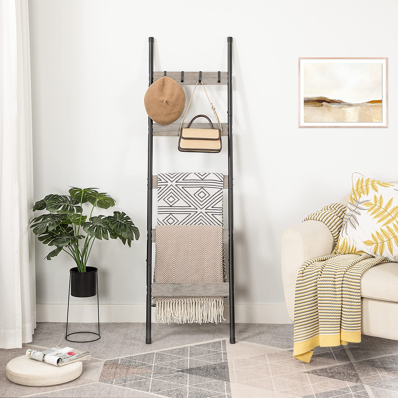 HOOBRO 5-Tier Blanket Ladder Rack, Wall-Leaning Towel Shelf, 17.3"L x 63"W, Greige & Black, Model BG52CJ01