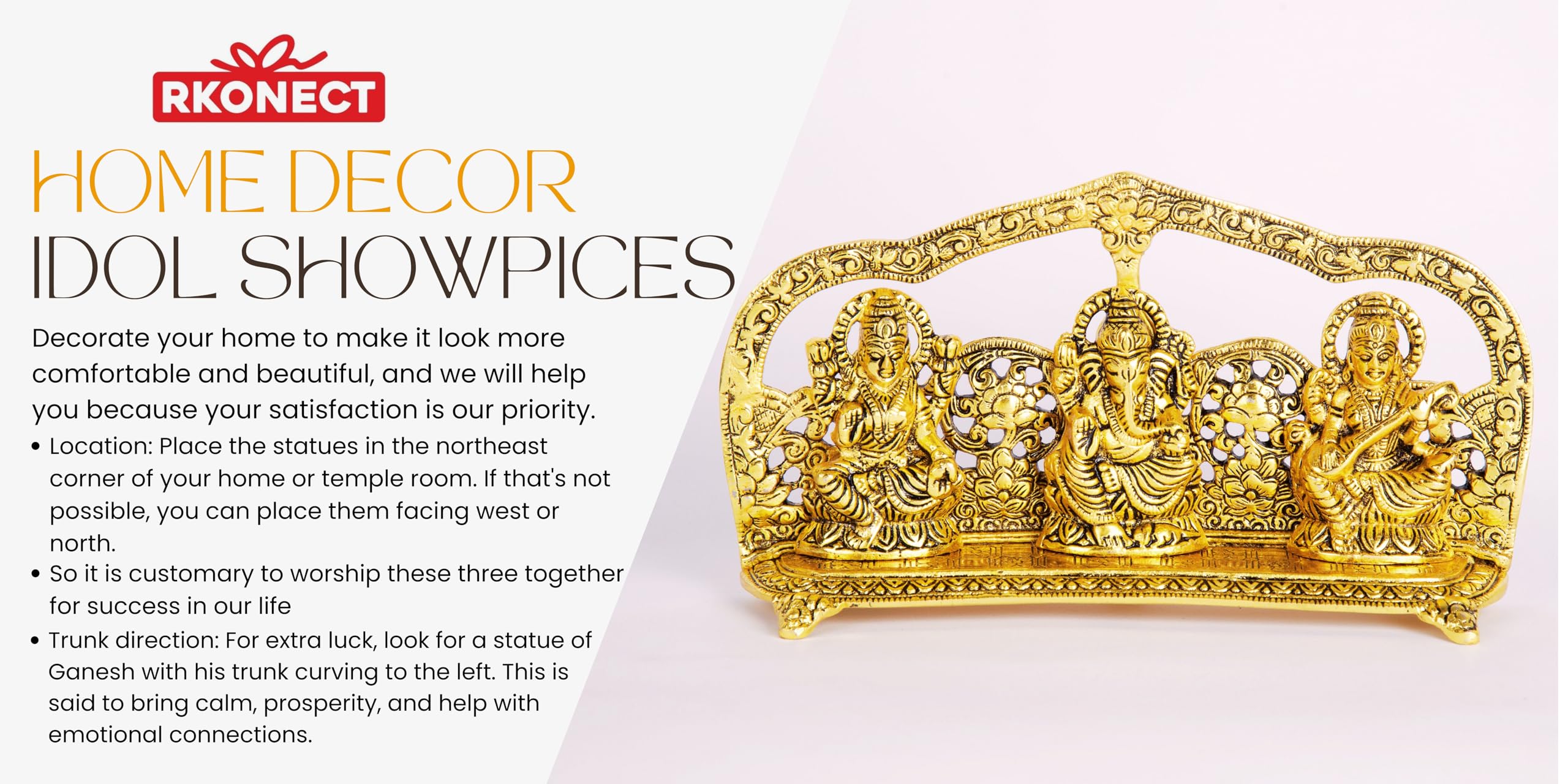 Rkonect Gold Plated Metal Laxmi Ganesh Saraswati Idol Murti Statue Under Velvet Gift Box With 6 Piece Diya || Size:- L 24 W 5 H
