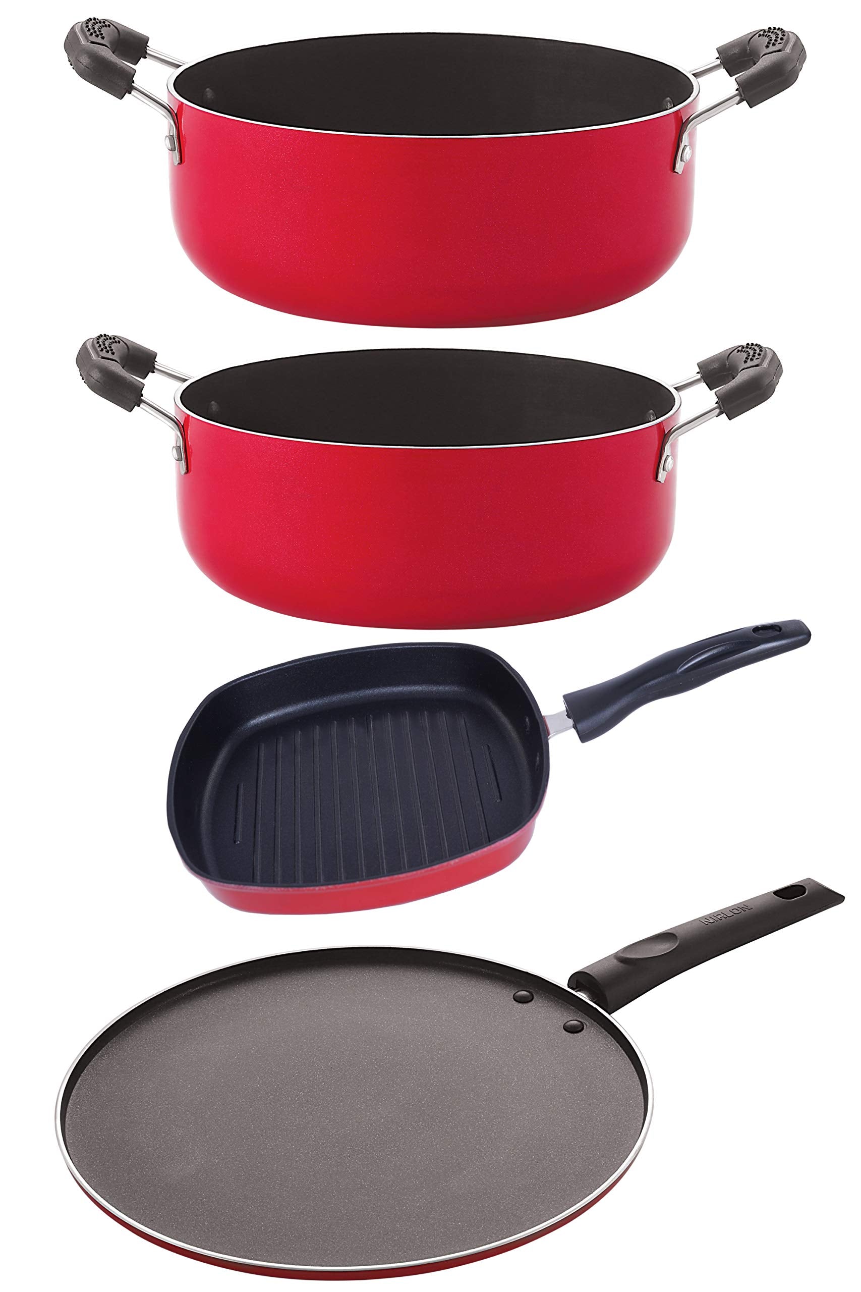 Nirlon Kitchen Utensils NonStick Cookware Casserole/Grill Pan/Flat Dosa Tawa/Casserole  Set Of 4 (Red And Black)