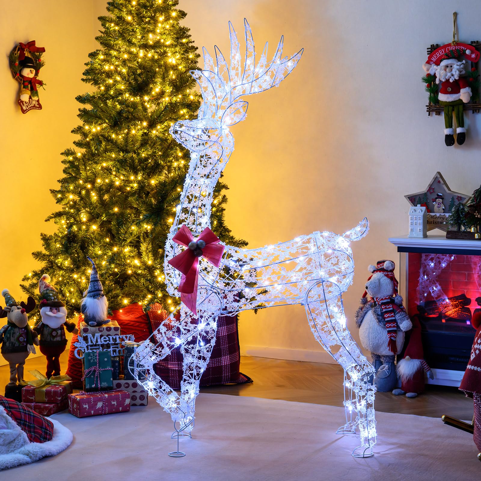 Tangkula 5 FT Lighted Christmas Reindeer, 3D Standing Lighted Buck Deer with LED Lights, Indoor/Outdoor Lighted Holiday Decor fo