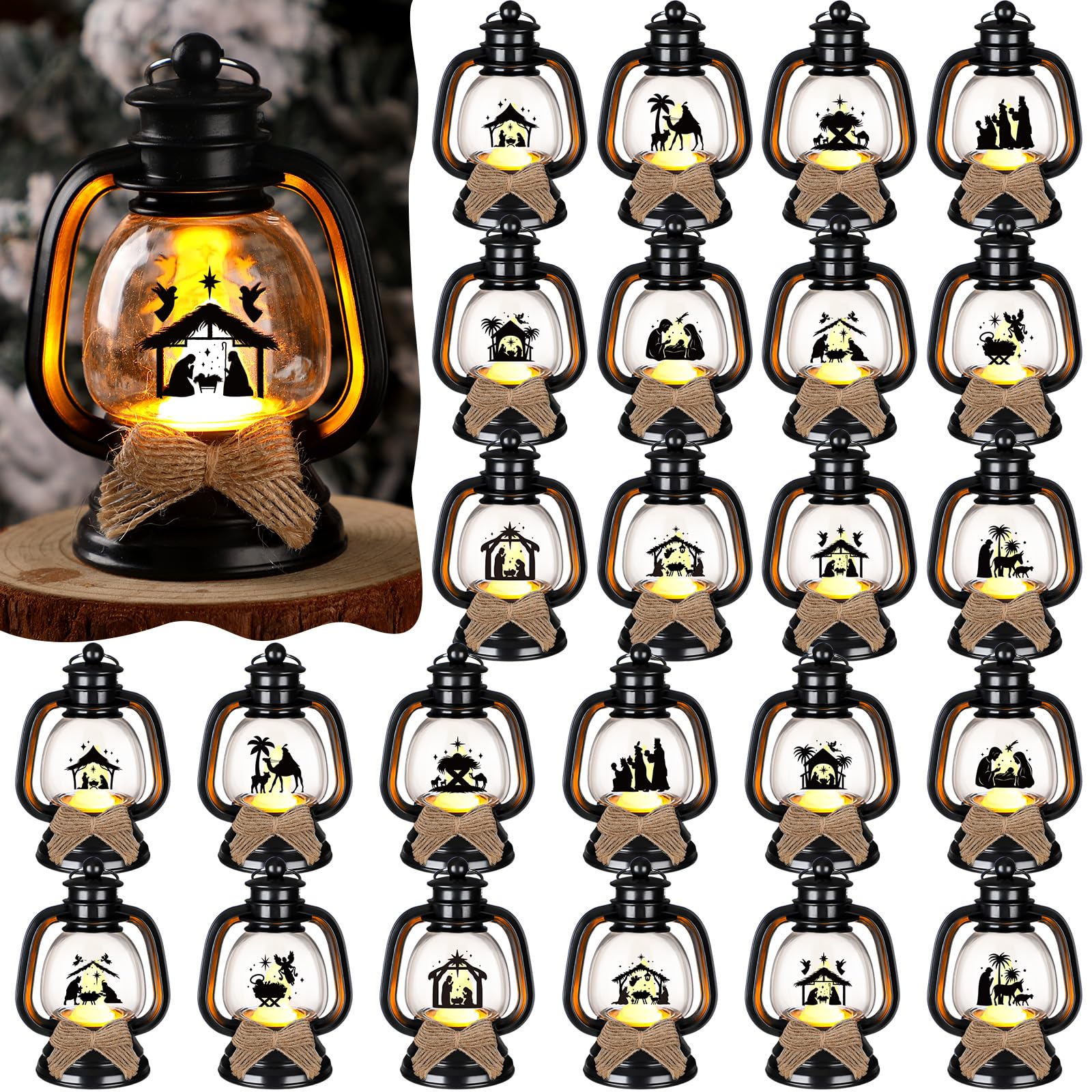 ROCEEI 24 Pcs Christmas Mini Religious Lantern Nativity Scene Table Centerpiece Decorative The Birth of Jesus Small Portable Lan