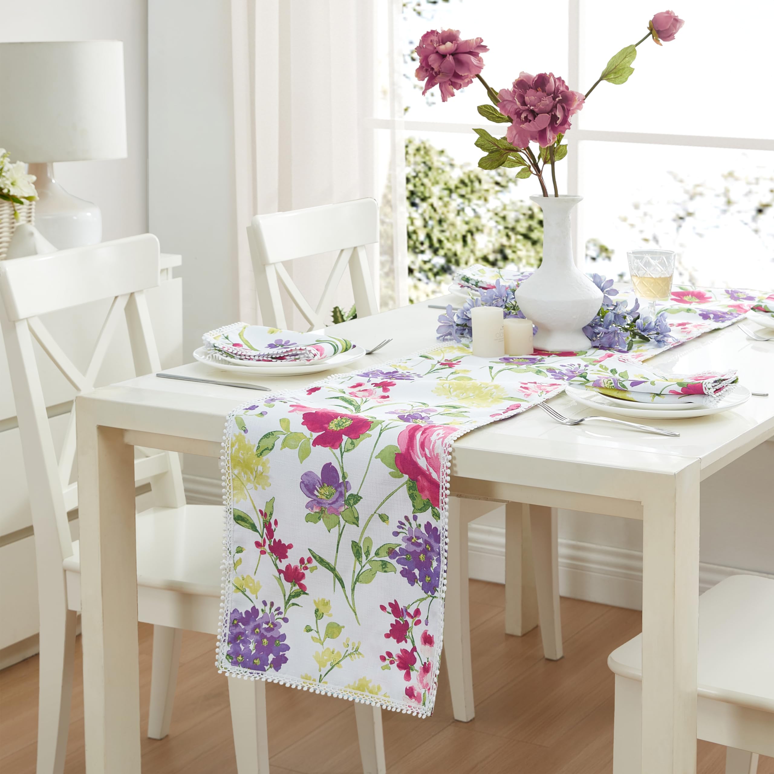 Newbridge Fabric Table Runner, 13 X 70 Inch Rectangle, Summer Sophia Pom Pom Fringe, Wrinkle And Stain Resistant Pink And Purple