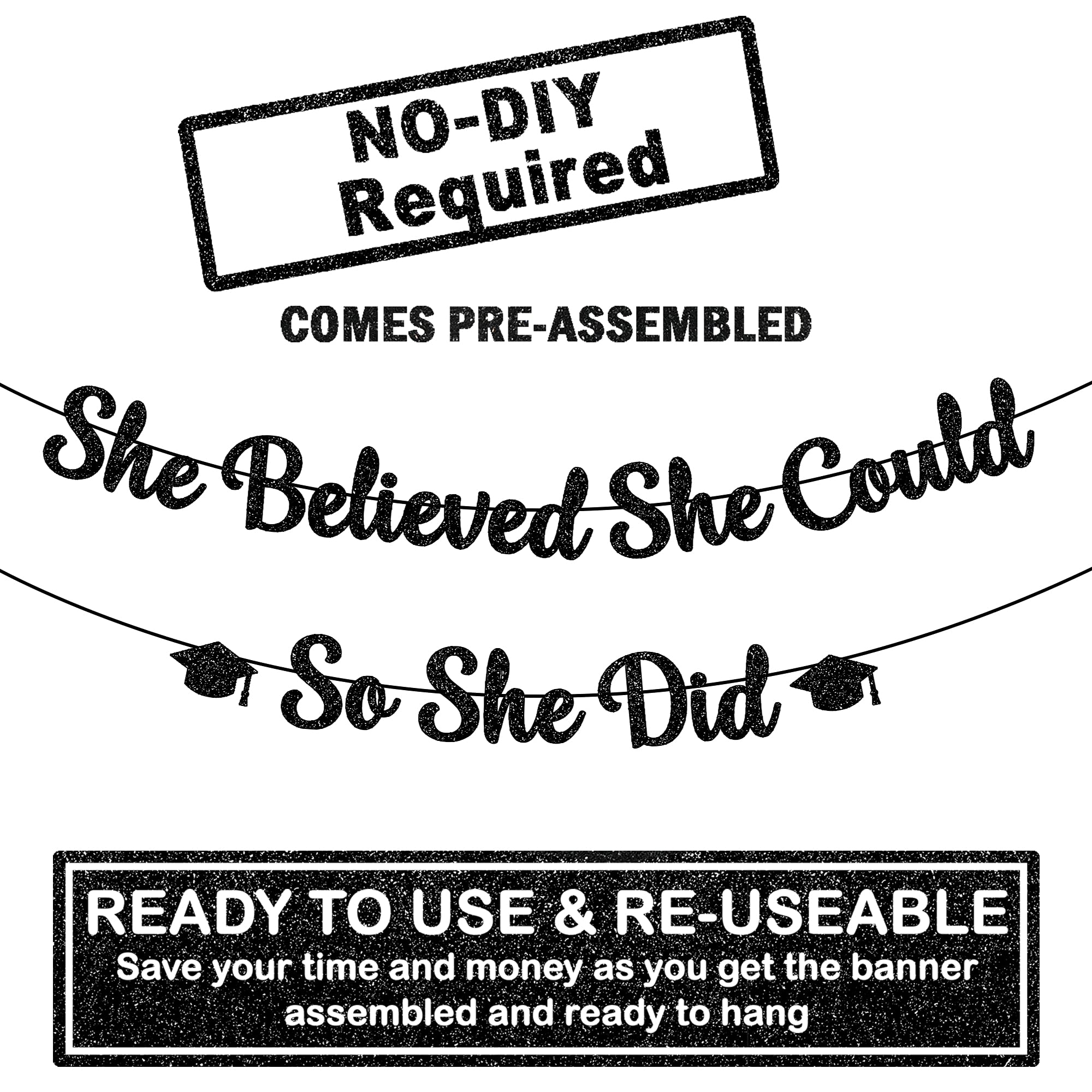 Katchon, She Believed She Could So She Did Banner - Glitter, 10 Feet, No Diy | Black You Did It Banner For Graduation Decoration