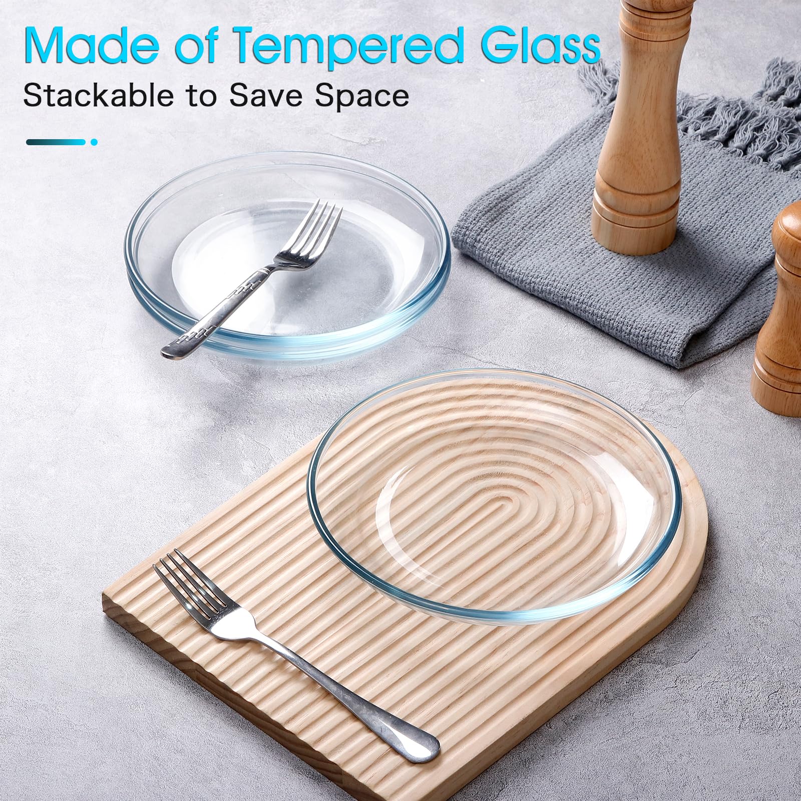 Nutriups 3 Pack 8 Inch Glass Plates, Clear Tempered Glass Dessert Plates, Glass Plate Set For Appetizer, Fruits, Cake, Salad, Di