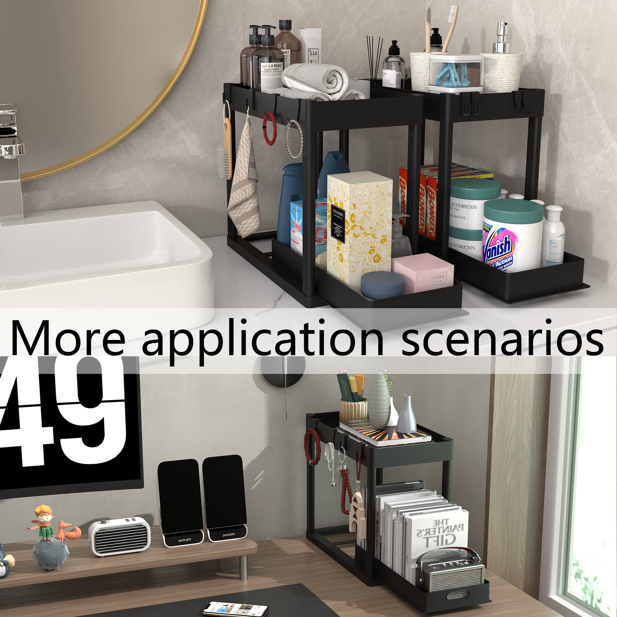 Pougny 2Pc Under Sink Organizer Rack 2 Tier Under Sliding Cabinet Basket Organizer Drawer With 4 Hooks, Multi-Purpose Under Sink