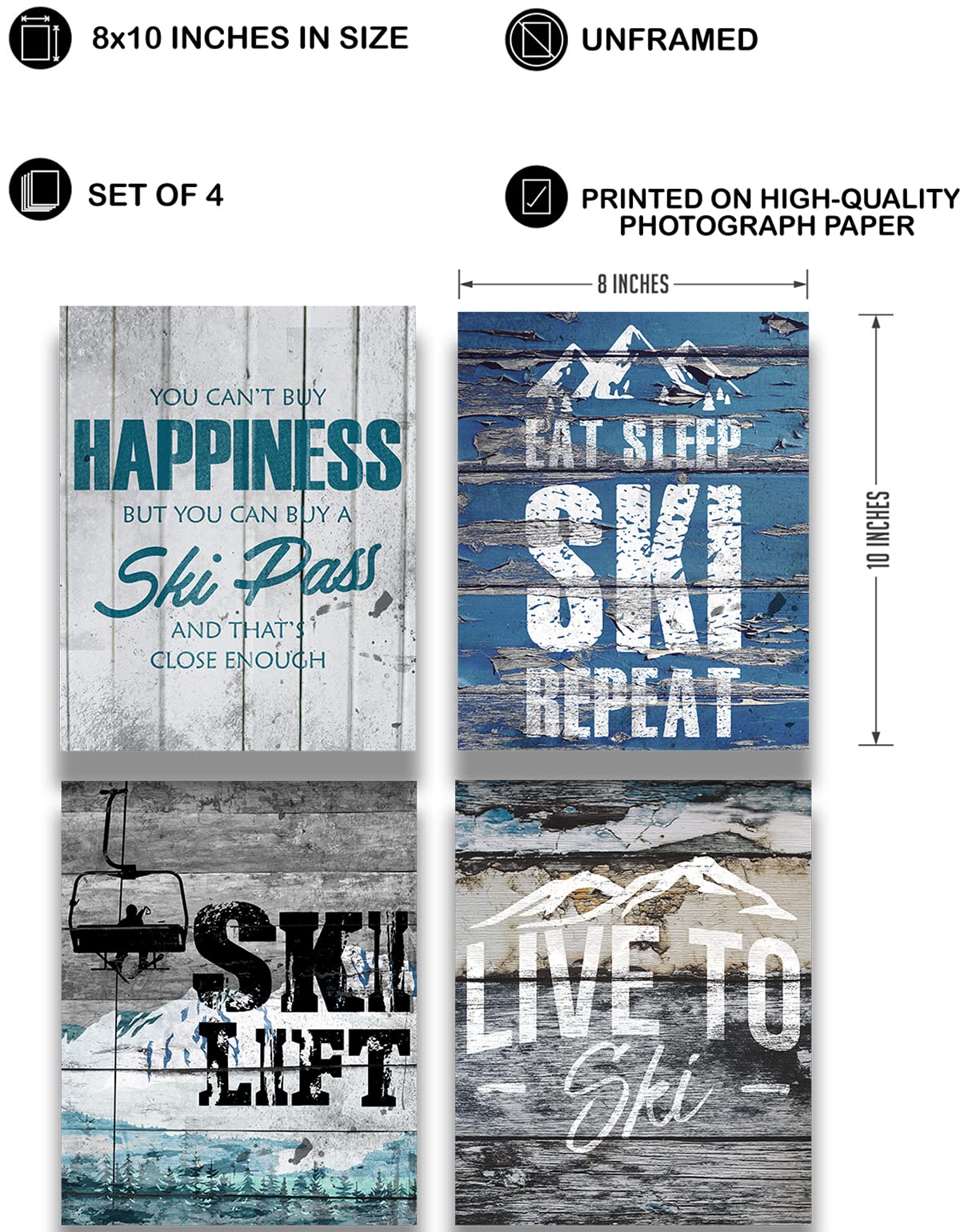 Ski Cabin Decor - Set Of 4 Skiing Wall Art Images - Rustic Wall Decor For Mountain House, Lodge Or Cabin - Gift For Skiers And S