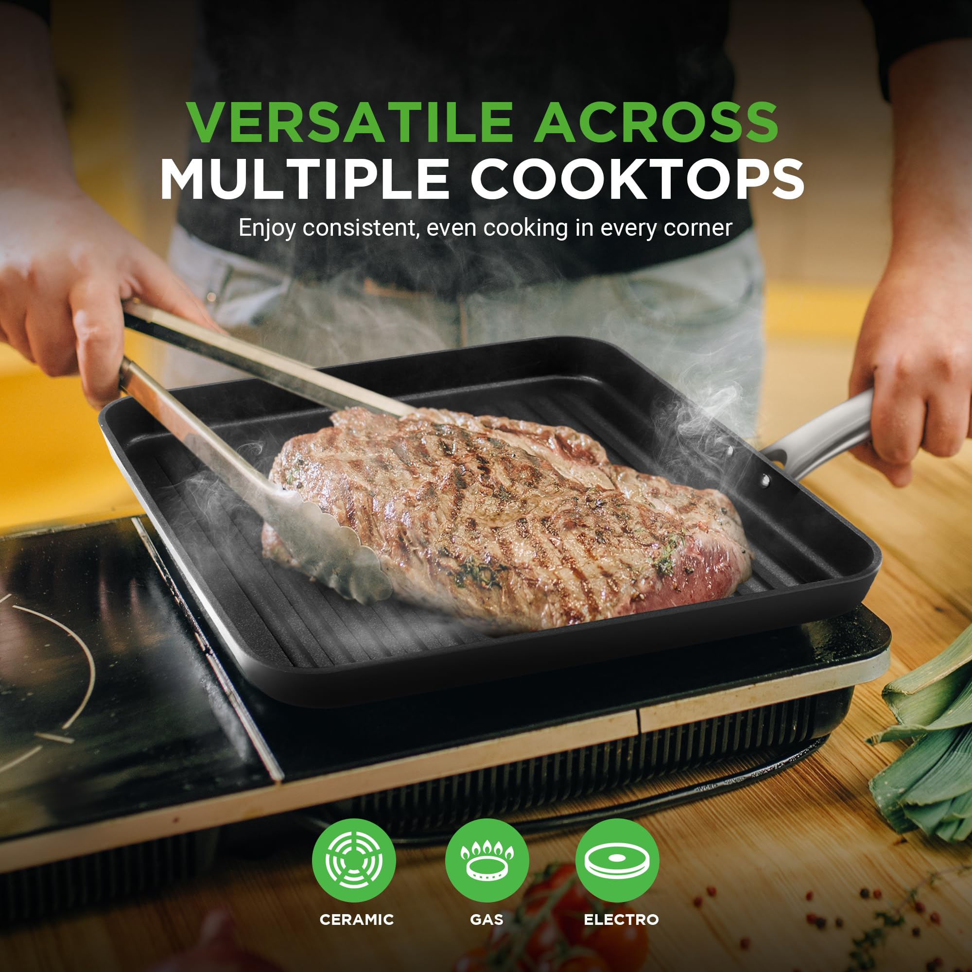Nutrichef 11'' Square Grill Pan Non Stick - High Ridges, Hard-Anodized, Stove Top Griddle, Strong Handles, Dishwasher Safe