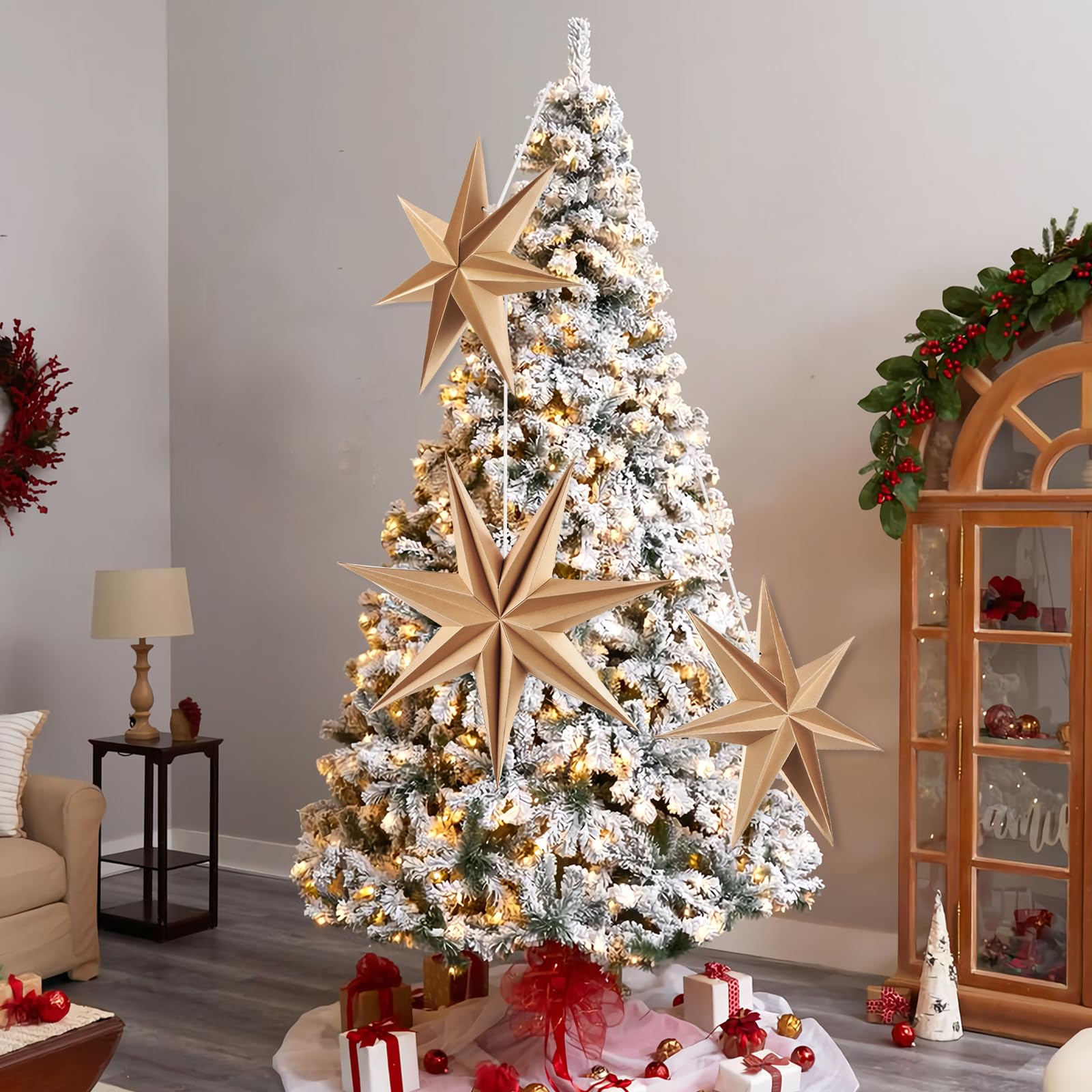 3Pcs 12Inch 7-Pointed Natural Paper Star Landerns Hanging Decoration Set Festive Holiday Decor Stars Shape Landerne For Christma