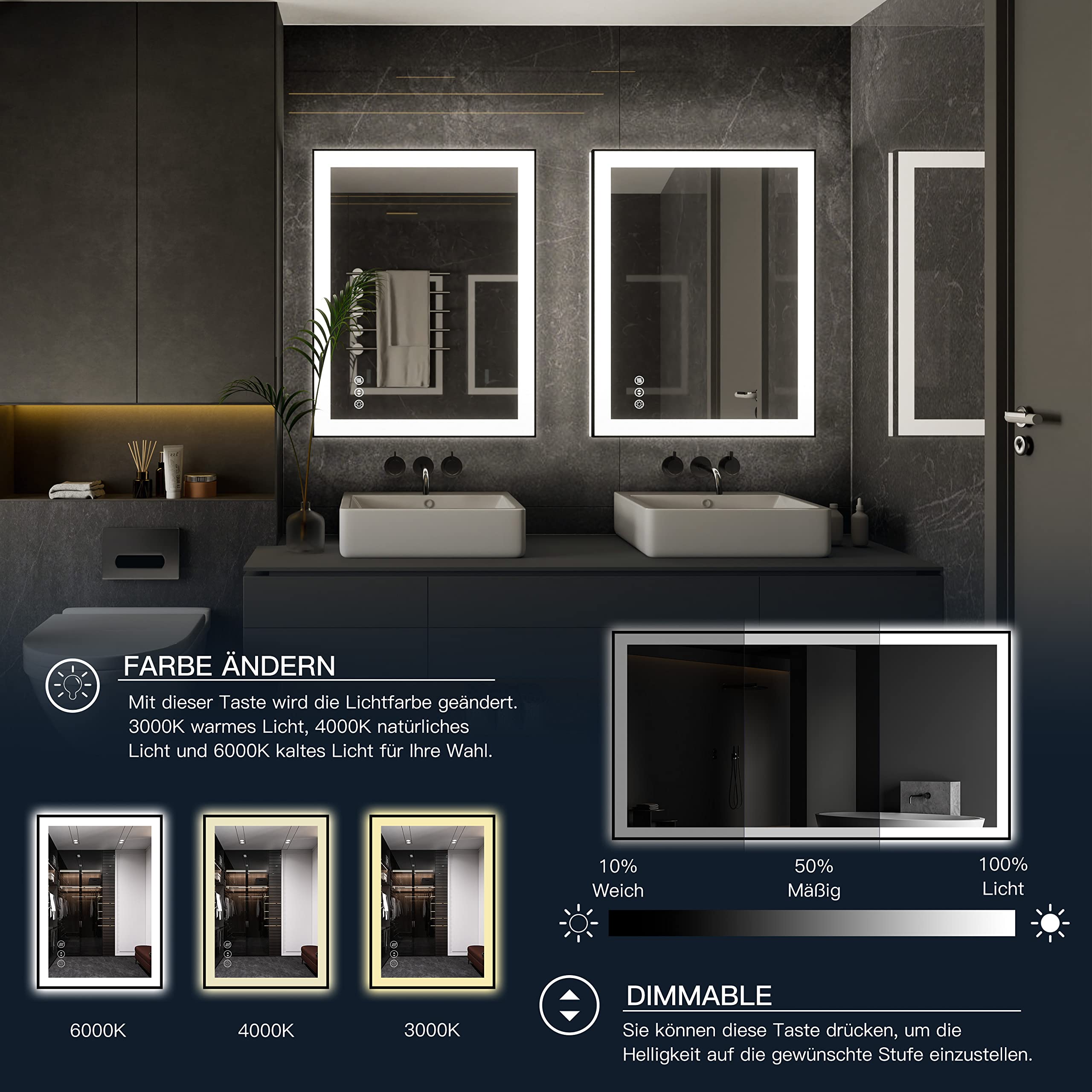 Iskm 20X28 Inch Led Lighted Bathroom Mirror For Wall, Matte Black Framed Vanity Mirrors, Front And Backlit, Dimmable, Anti-Fog,