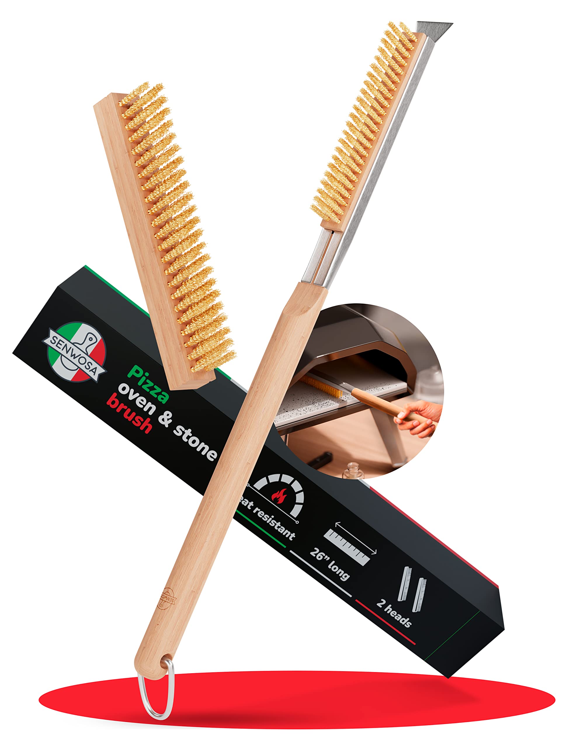 26    Pizza Oven Brush with Stone Scraper - Heat Resistant Stainless Steel Bristles, Extra Long Handle - Compatible with Ooni Ov